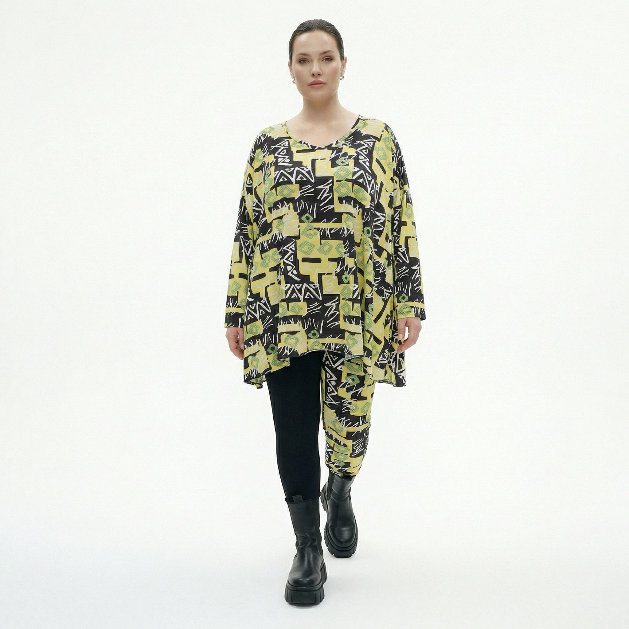  A-Form Bigshirt von AKH Fashion aus Viskose, 1556.00593, Gelb/Multi, Abstrakt, Ausgefallen