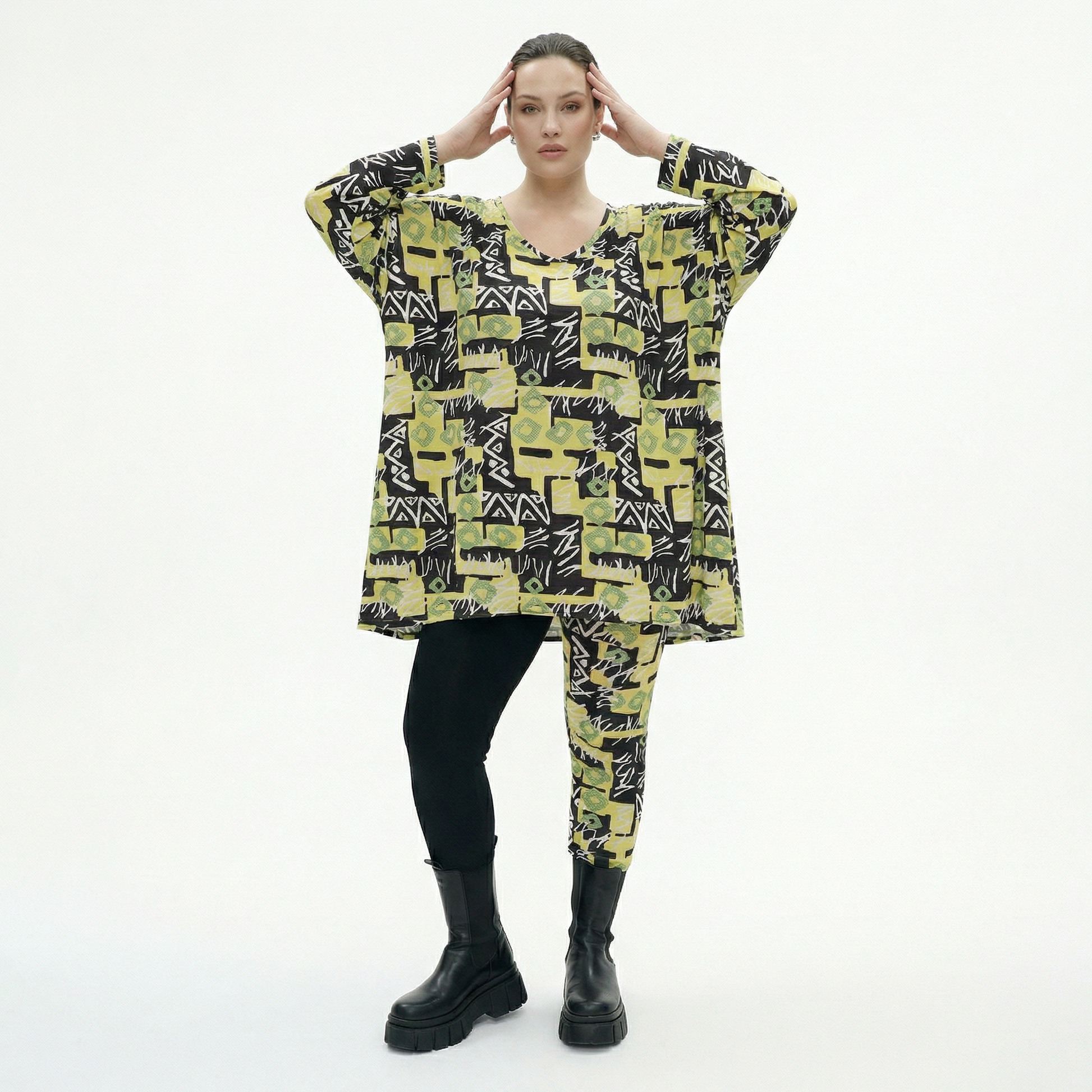  A-Form Bigshirt von AKH Fashion aus Viskose, 1556.00593, Gelb/Multi, Abstrakt, Ausgefallen