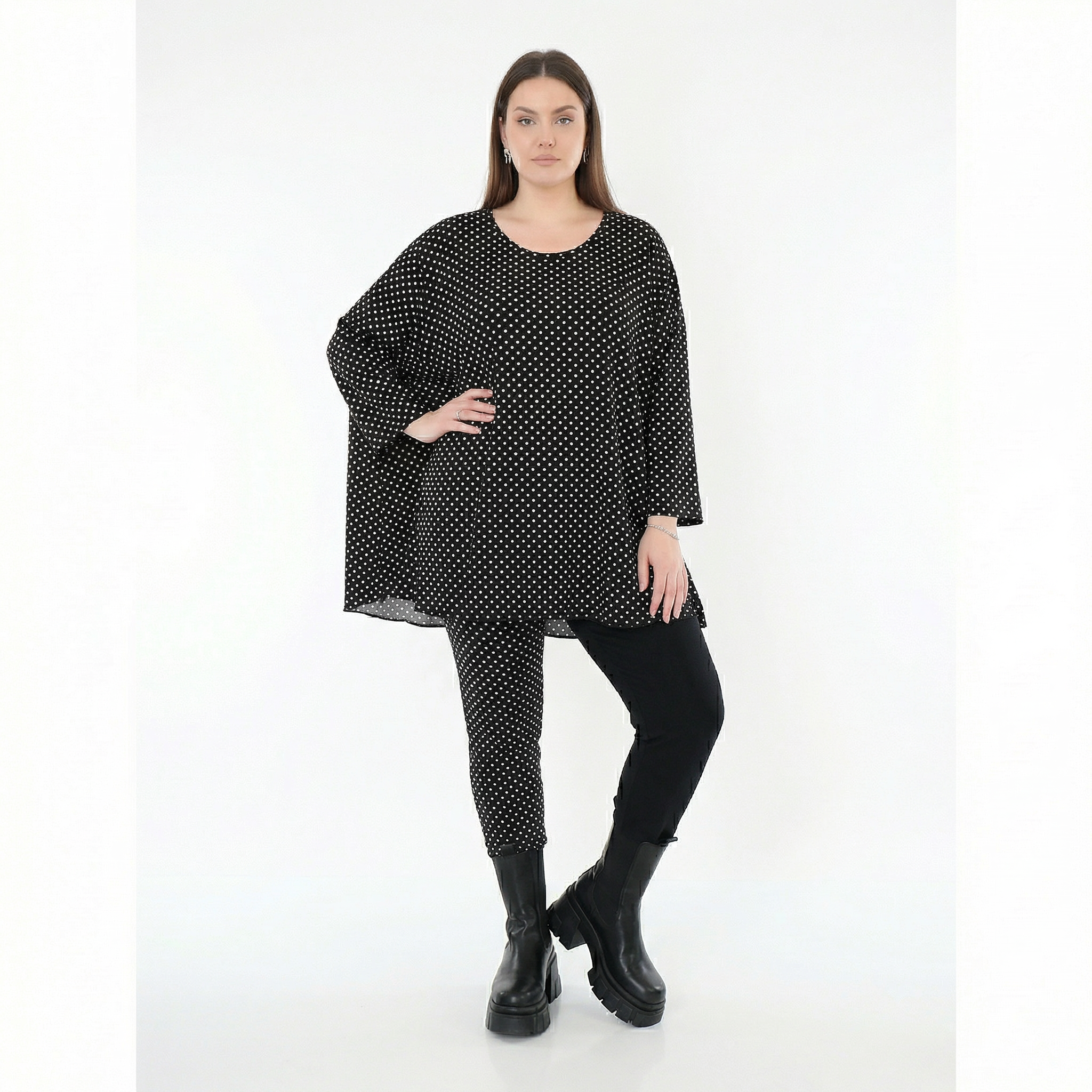  AKH Fashion Shirt in Glocken-Form, aus Viskose, 1557.01892, Schwarz/Weiß, Punkte, Schick