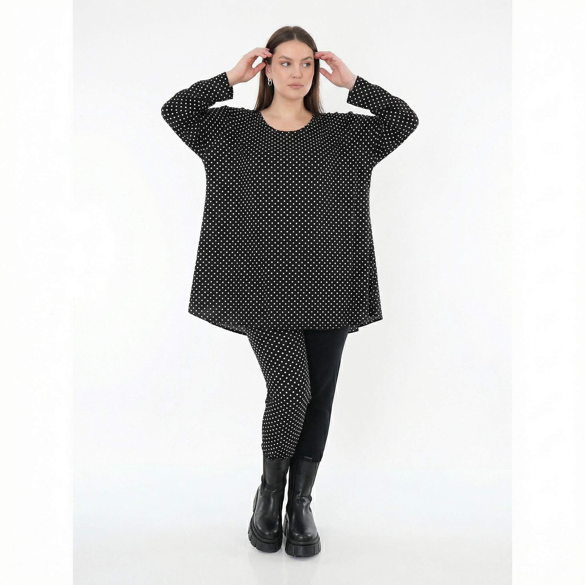  AKH Fashion Shirt in Glocken-Form, aus Viskose, 1557.01892, Schwarz/Weiß, Punkte, Schick