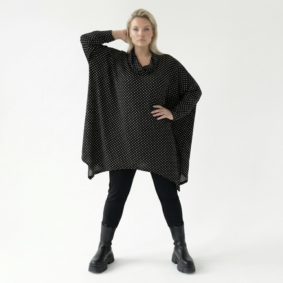  A-Form Bigshirt von AKH Fashion aus Viskose, 1557.03371, Schwarz/Weiß, Punkte, Ausgefallen