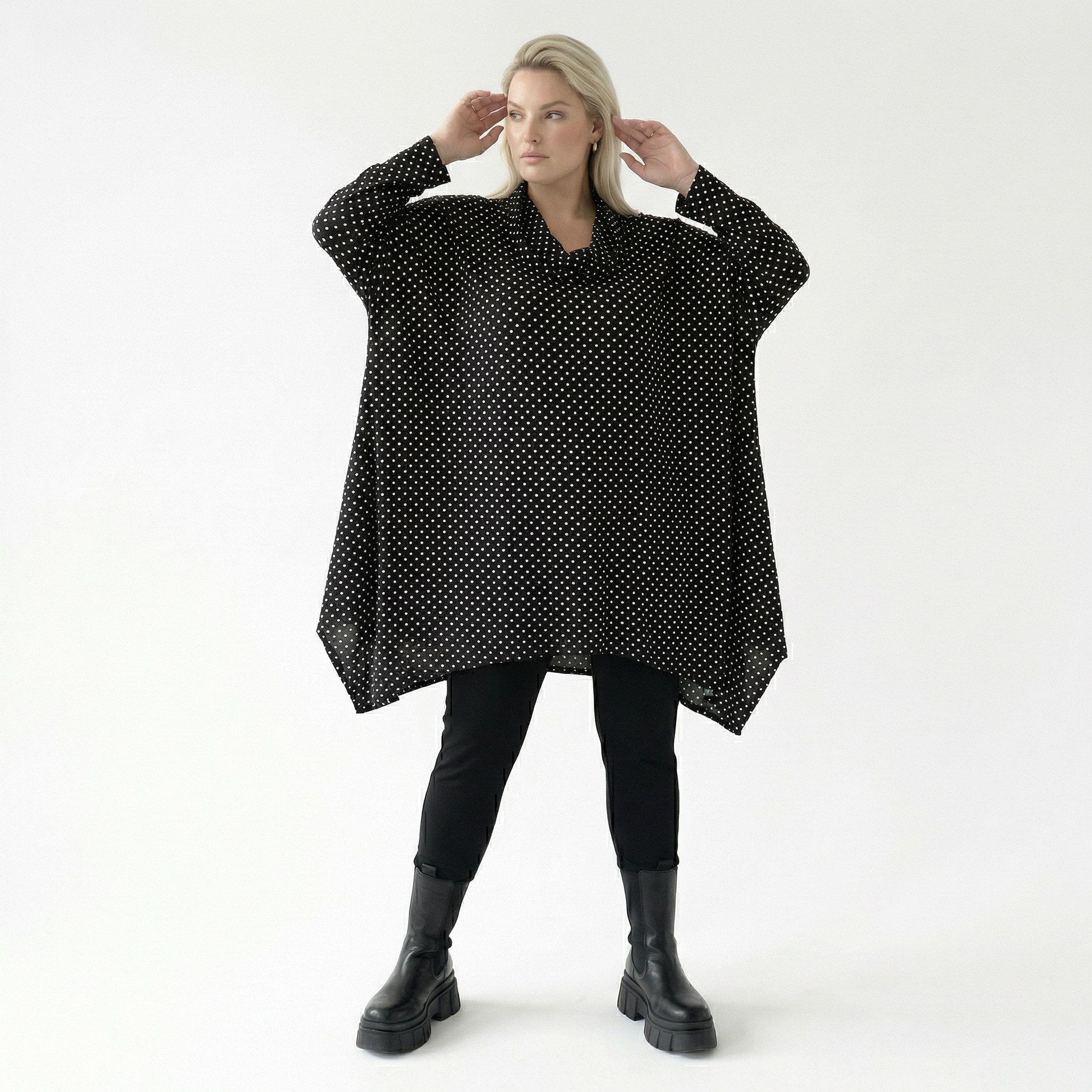  A-Form Bigshirt von AKH Fashion aus Viskose, 1557.03371, Schwarz/Weiß, Punkte, Ausgefallen