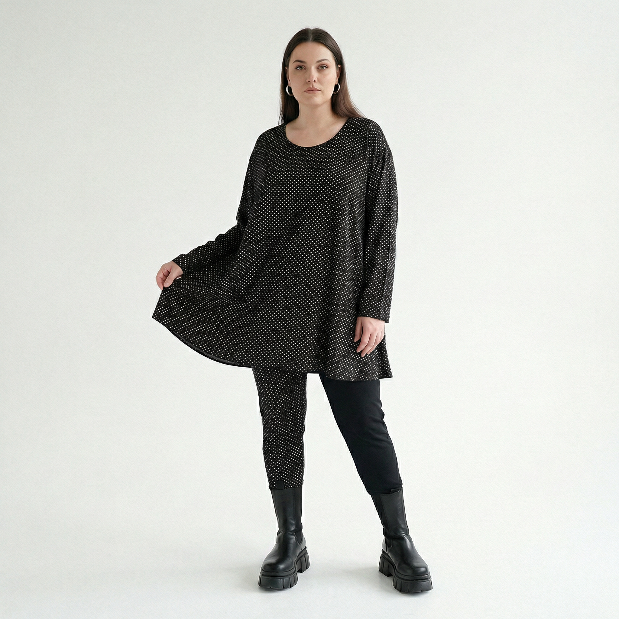  AKH Fashion Shirt in Glocken-Form, aus Viskose, 1558.01892, Schwarz/Weiß, Punkte, Schick