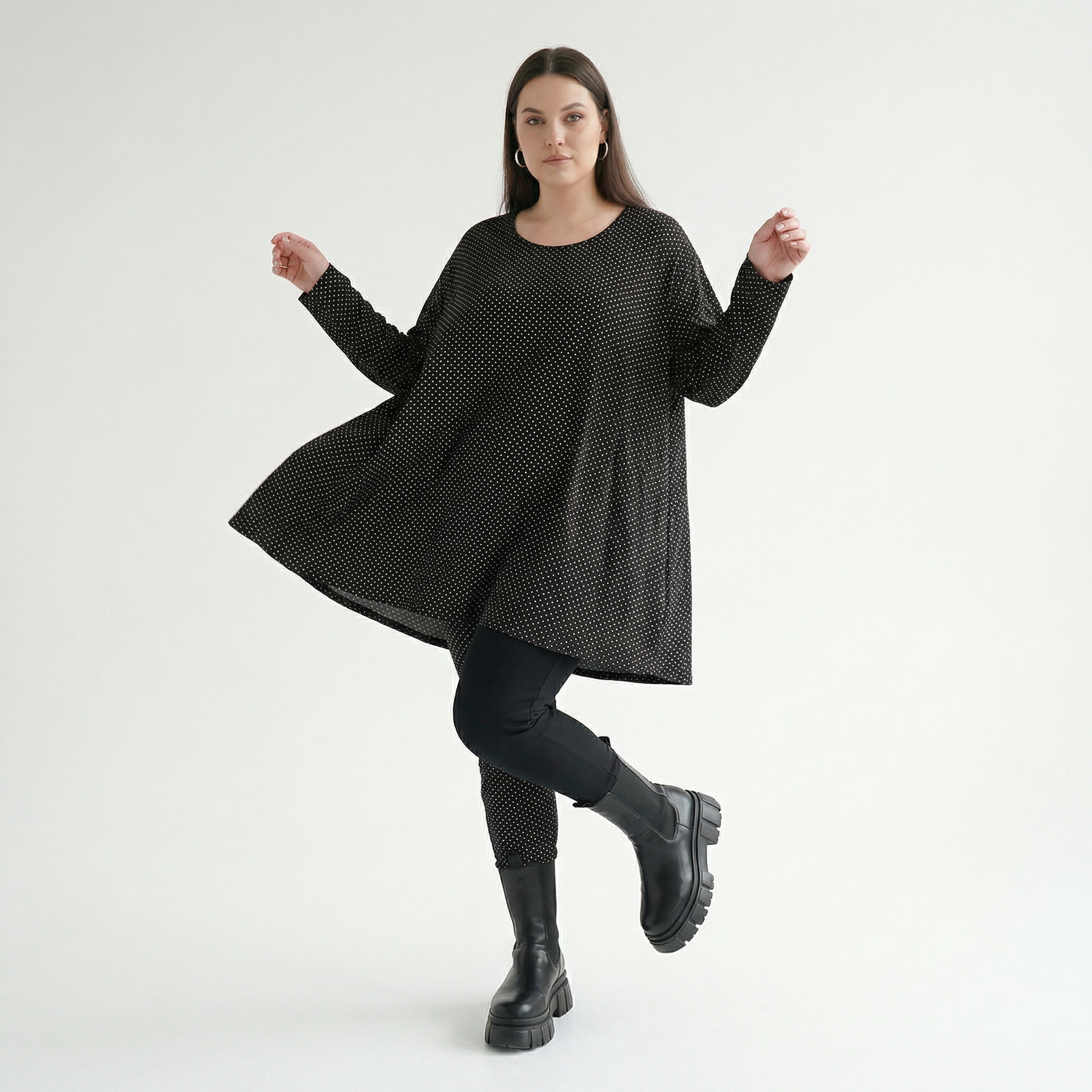  AKH Fashion Shirt in Glocken-Form, aus Viskose, 1558.01892, Schwarz/Weiß, Punkte, Schick