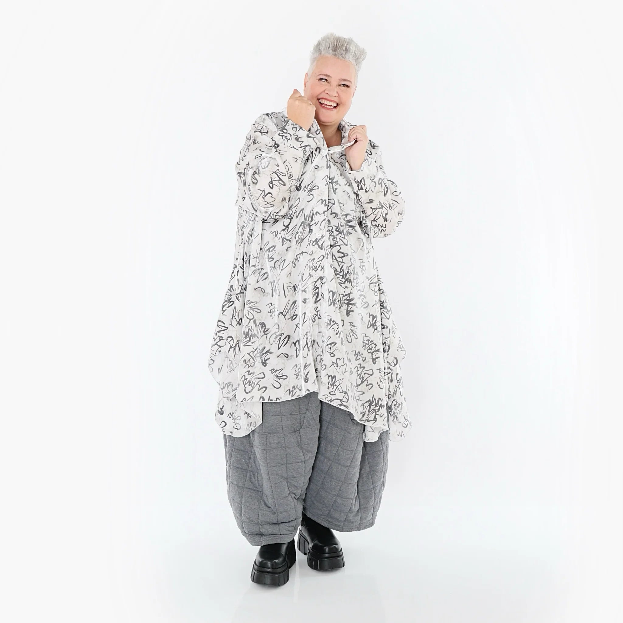  A-Form Bluse von AKH Premium aus Viskose, P1011.6917, Weiß/Grau, Kringel, Ausgefallen