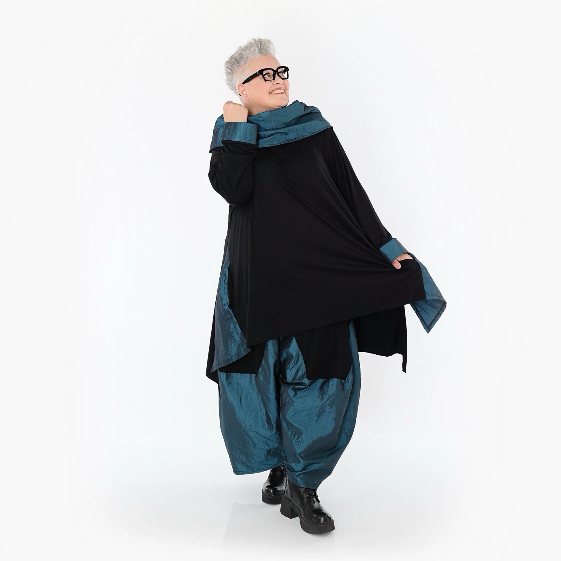  A-Form Shirt von AKH Premium aus Viskose, P102187, Schwarz/Petrol, Ausgefallen, Zeitlos