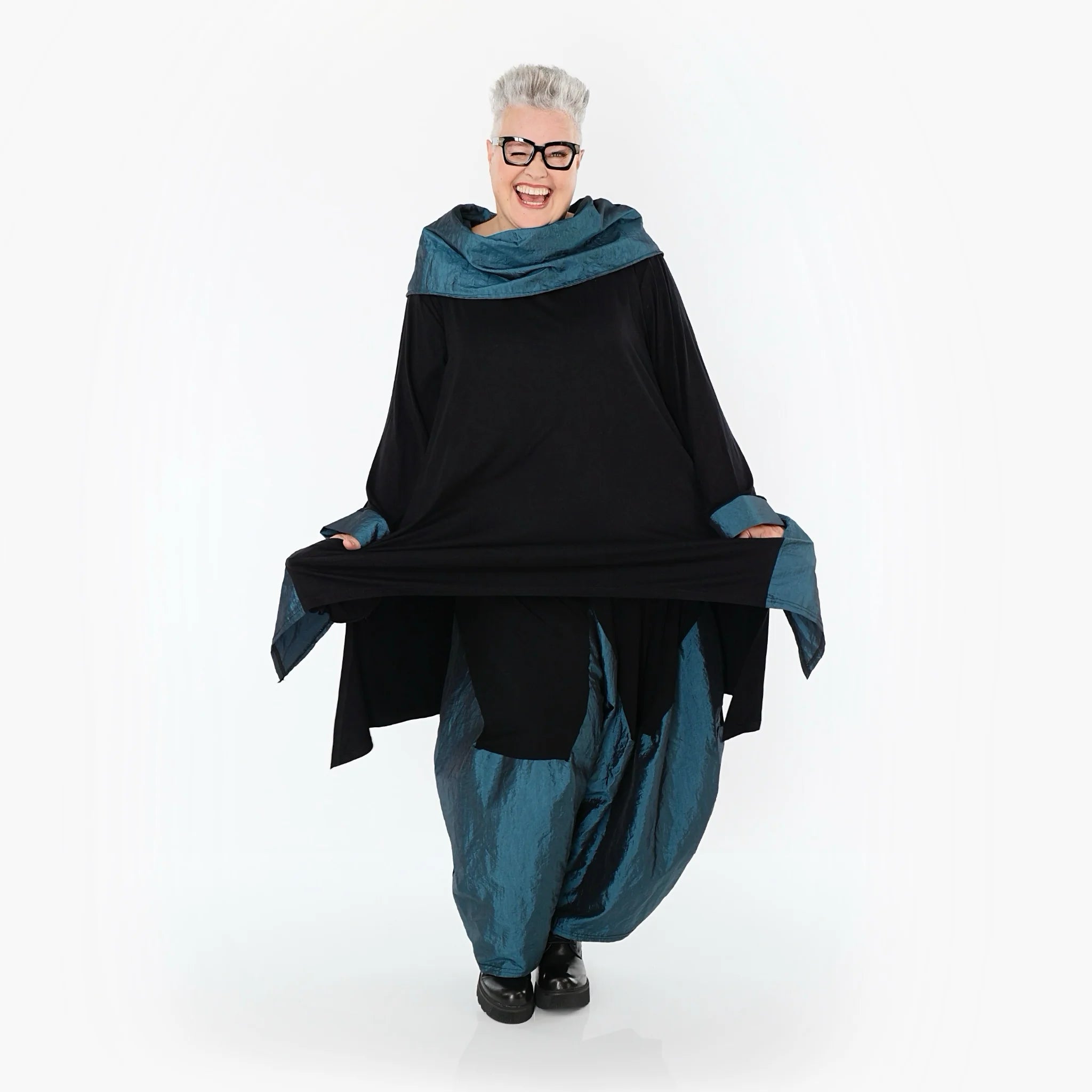  A-Form Shirt von AKH Premium aus Viskose, P102187, Schwarz/Petrol, Ausgefallen, Zeitlos