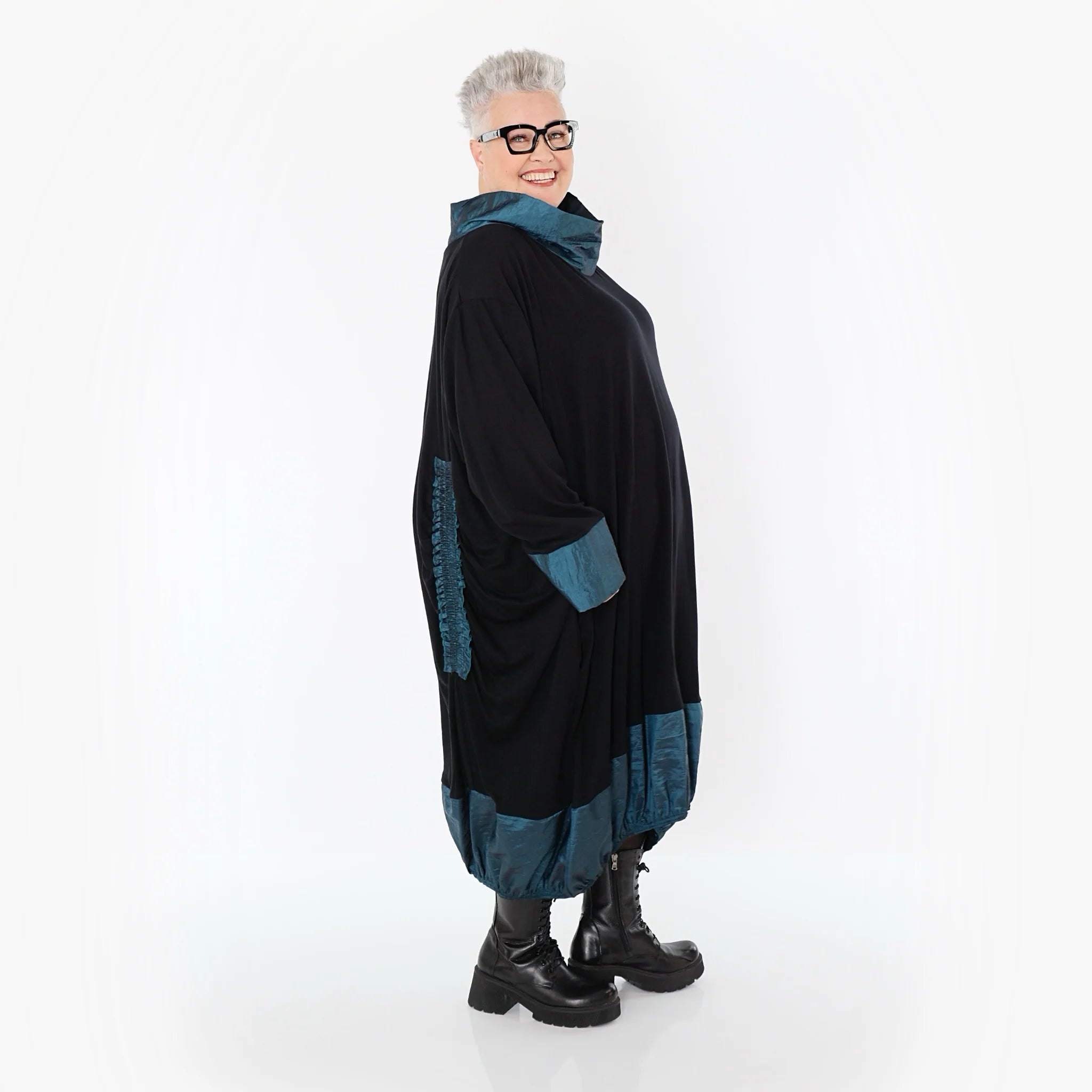  Ballonkleid von AKH Premium aus Viskose, P107156, Schwarz/Petrol, Ausgefallen, Zeitlos