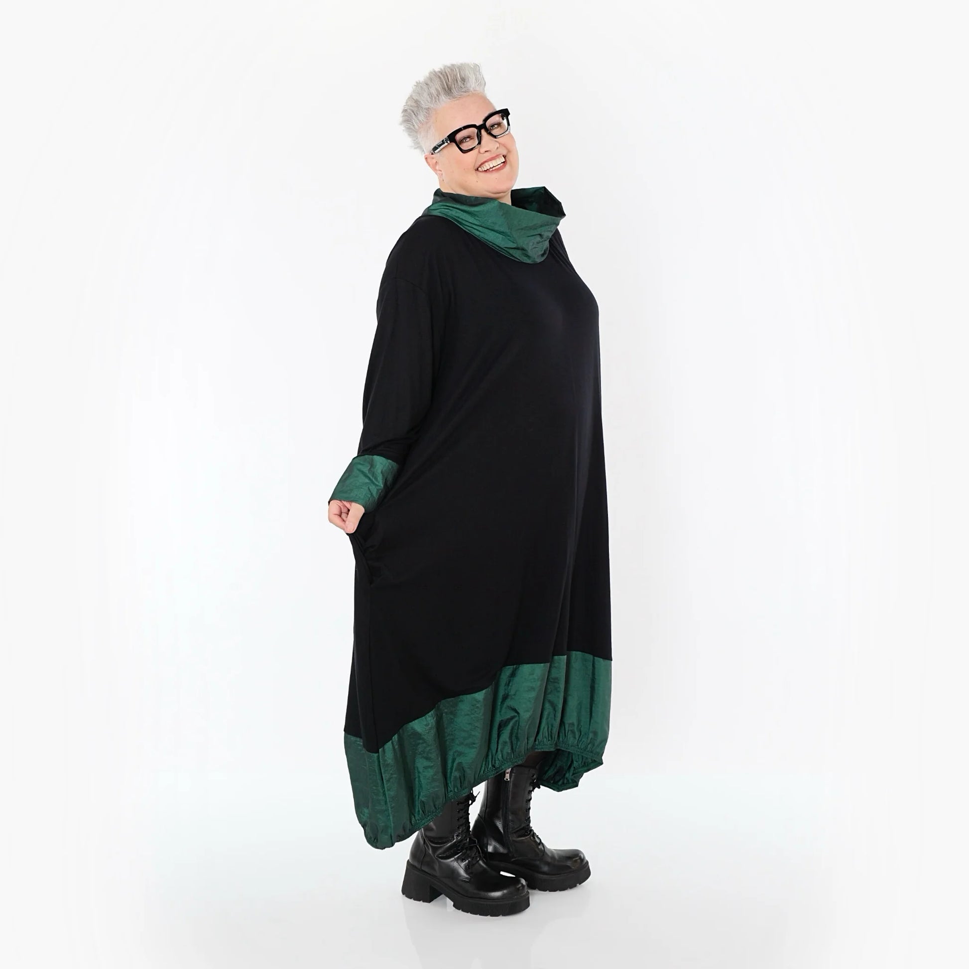  Ballonkleid von AKH Premium aus Viskose, P107156, Schwarz/Smaragd, Ausgefallen, Zeitlos