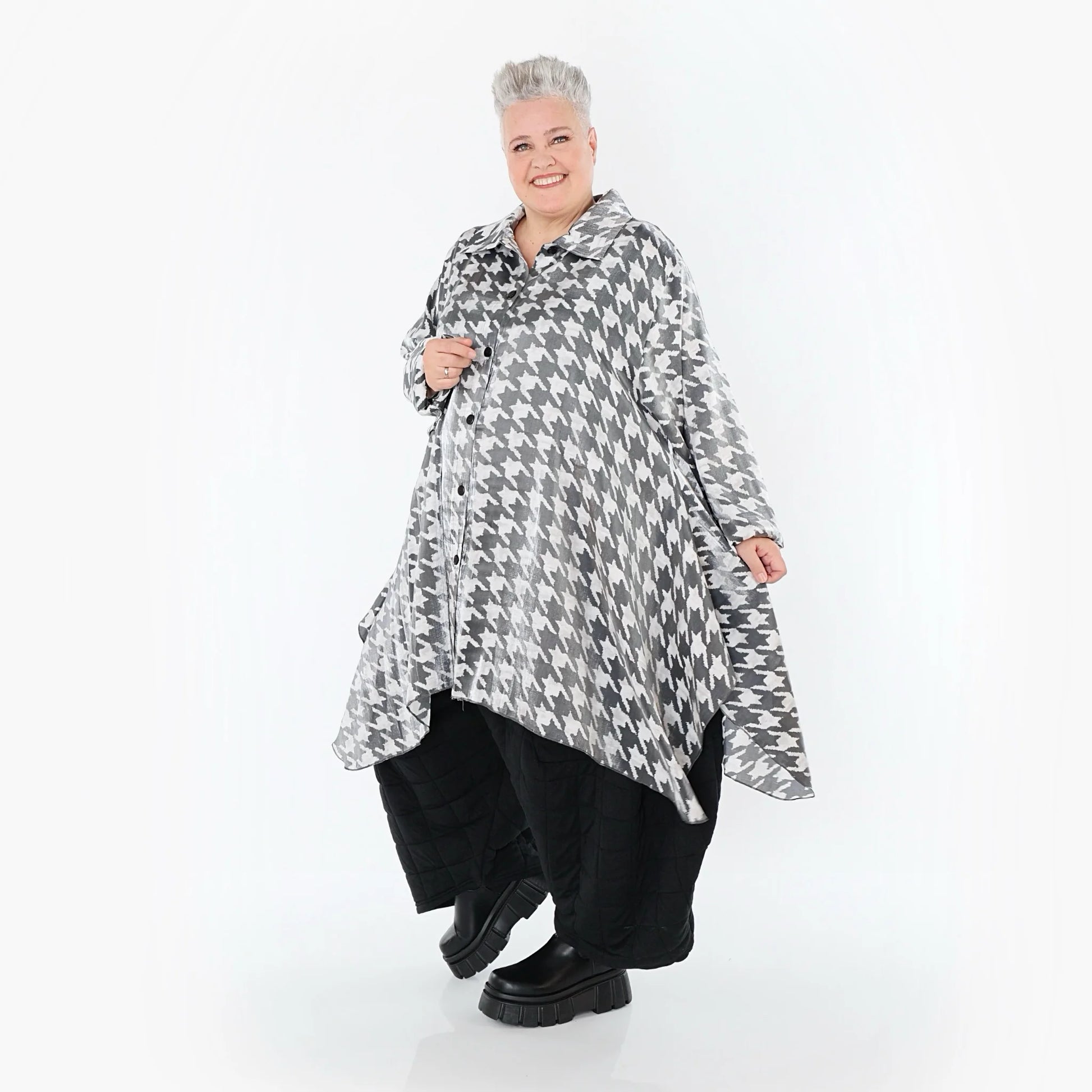  A-Form Bluse von AKH Premium aus Viskose, P106917, Weiß/Grau, Hahnentritt, Ausgefallen