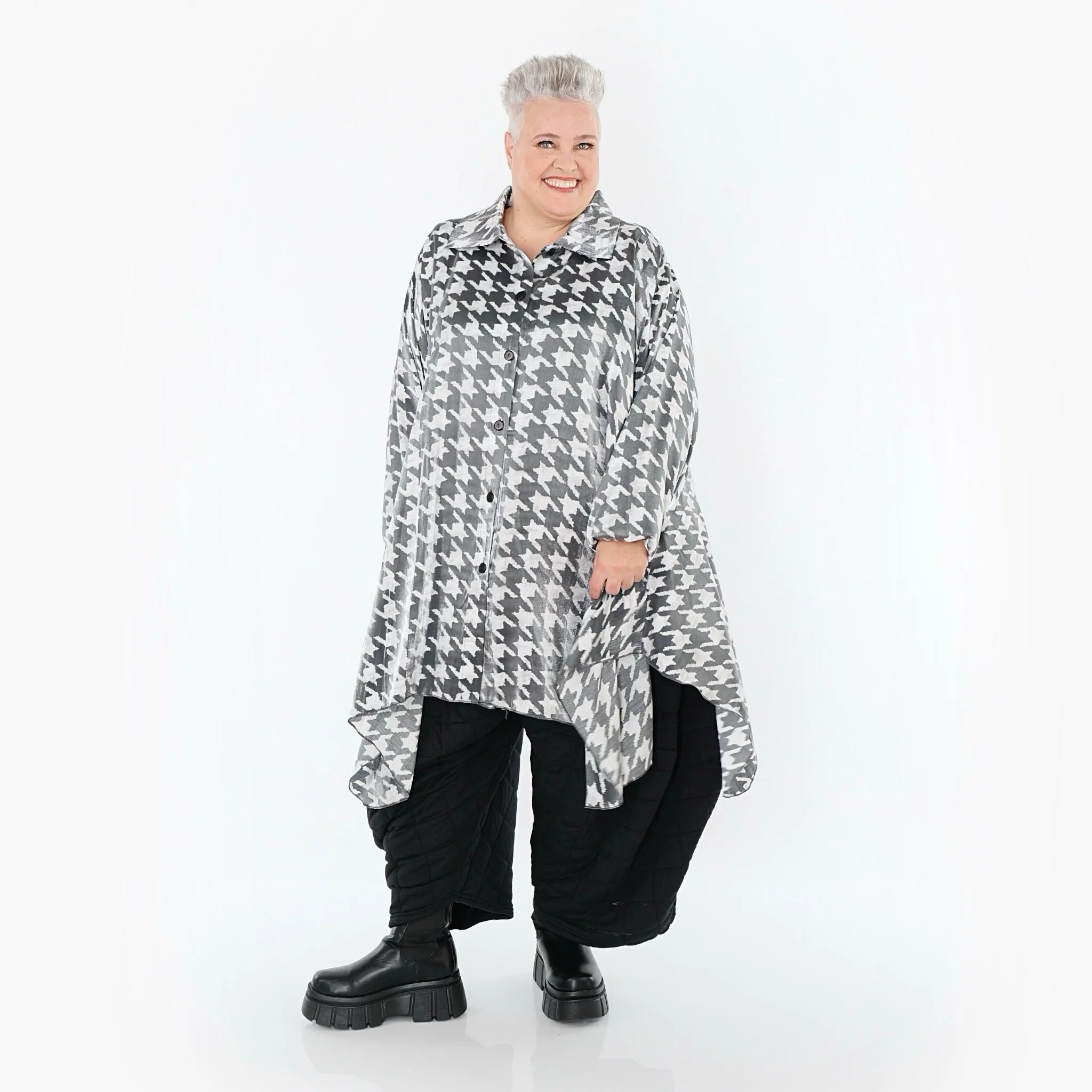  A-Form Bluse von AKH Premium aus Viskose, P106917, Weiß/Grau, Hahnentritt, Ausgefallen