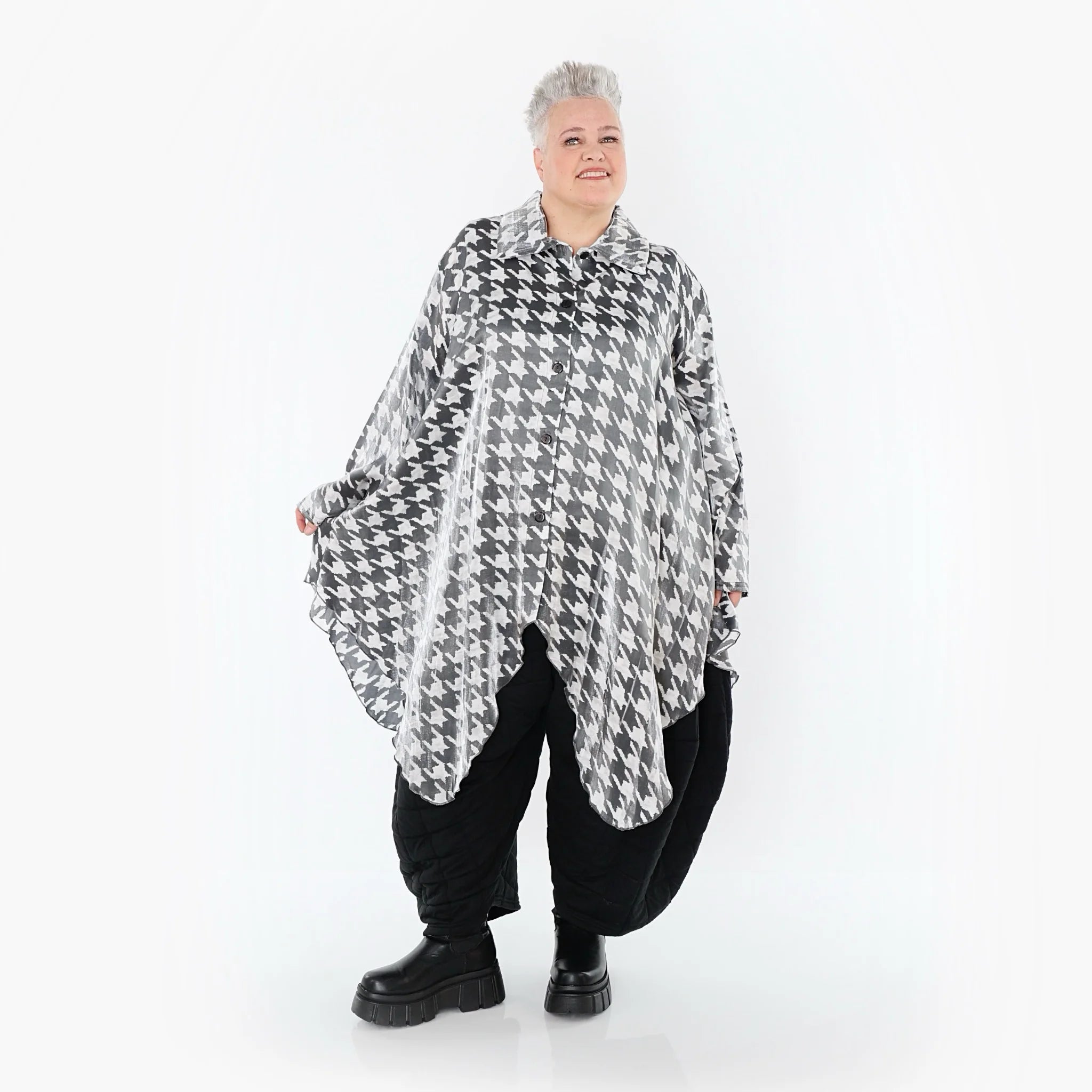  Zipfel Bluse von AKH Premium aus Viskose, P107150, Weiß/Grau, Hahnentritt, Ausgefallen