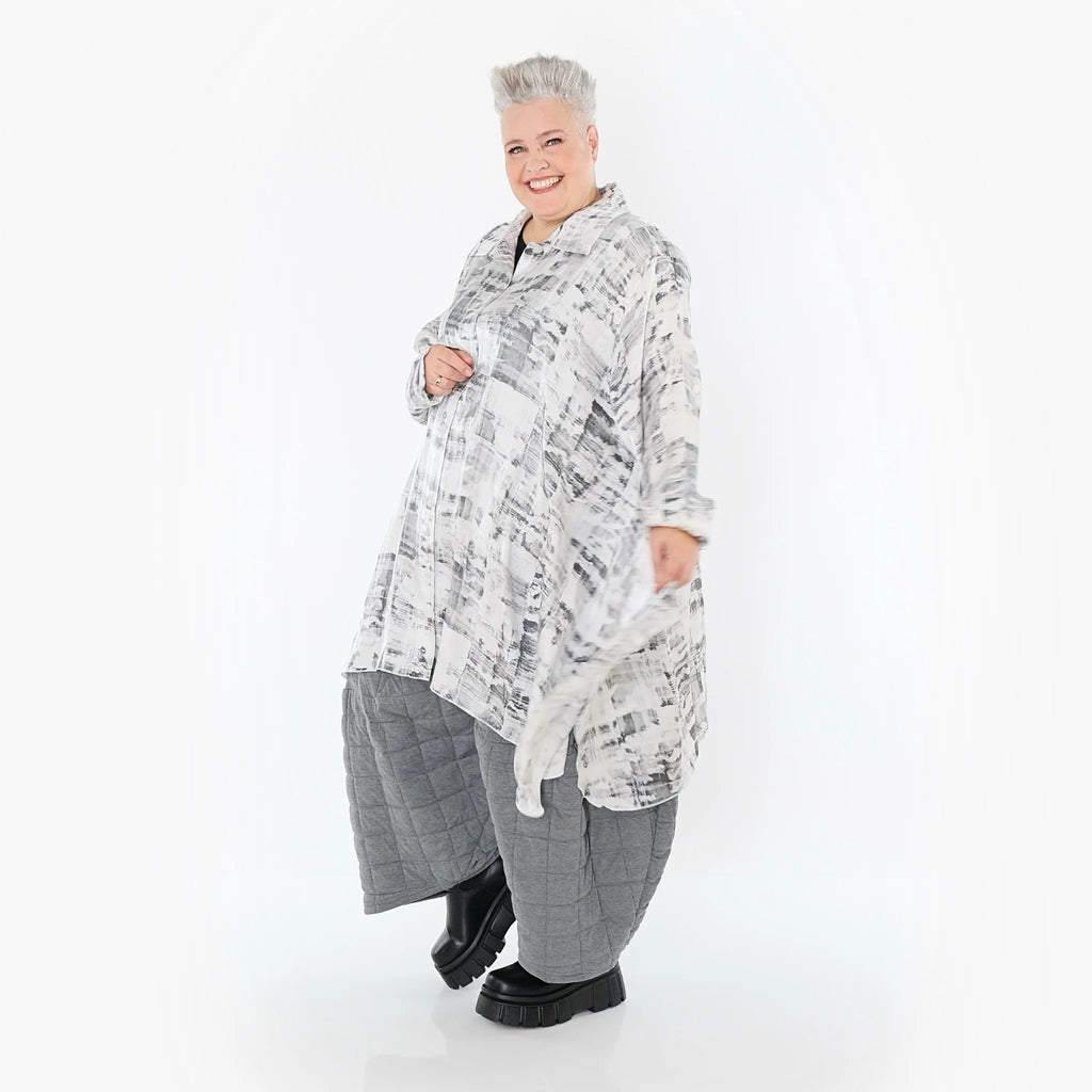  A-Form Bluse von AKH Premium aus Viskose, P106917, Weiß/Grau, Grafik, Ausgefallen, Zeitlos