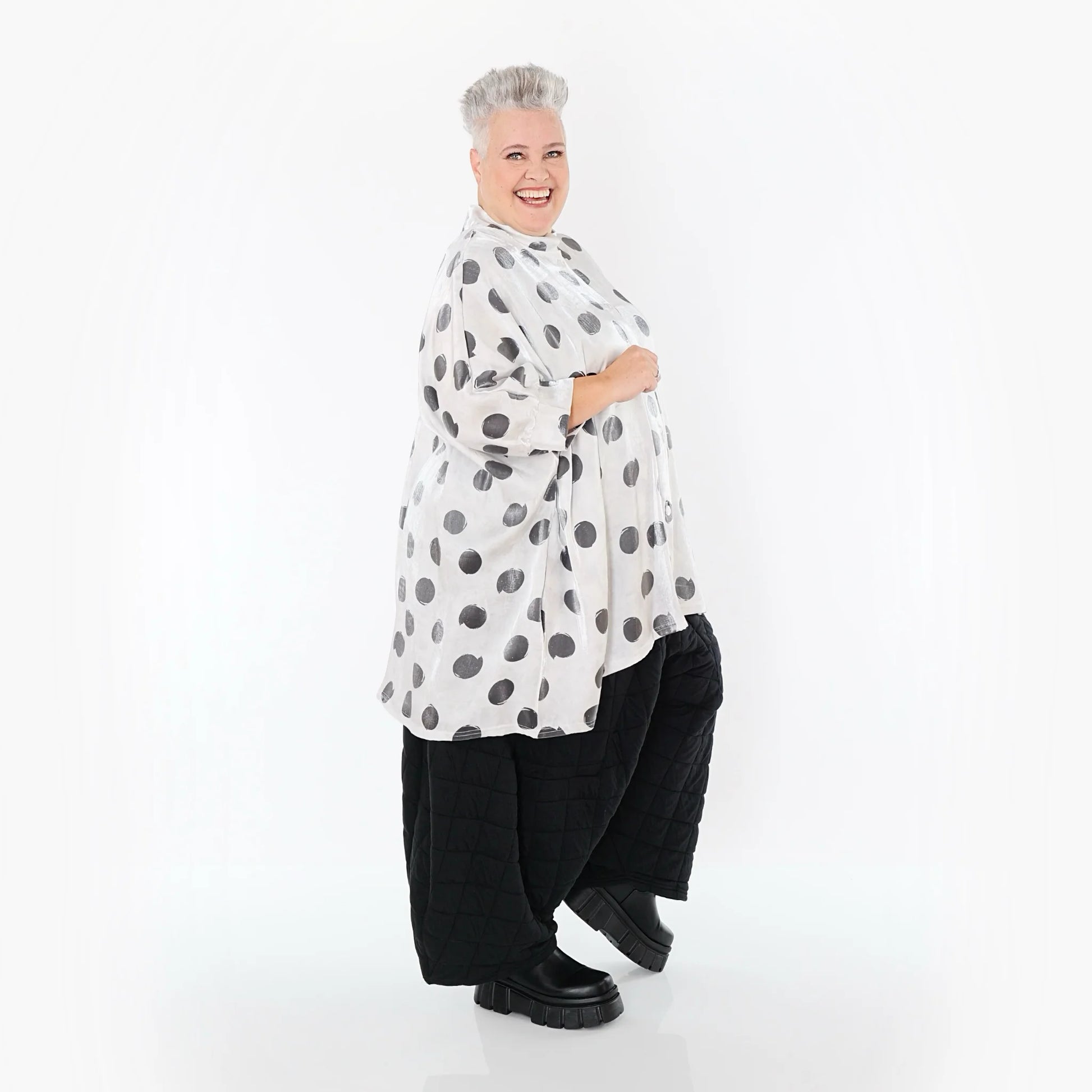  A-Form Bluse von AKH Premium aus Viskose, P1026.7116, Weiß/Grau, Punkte, Ausgefallen