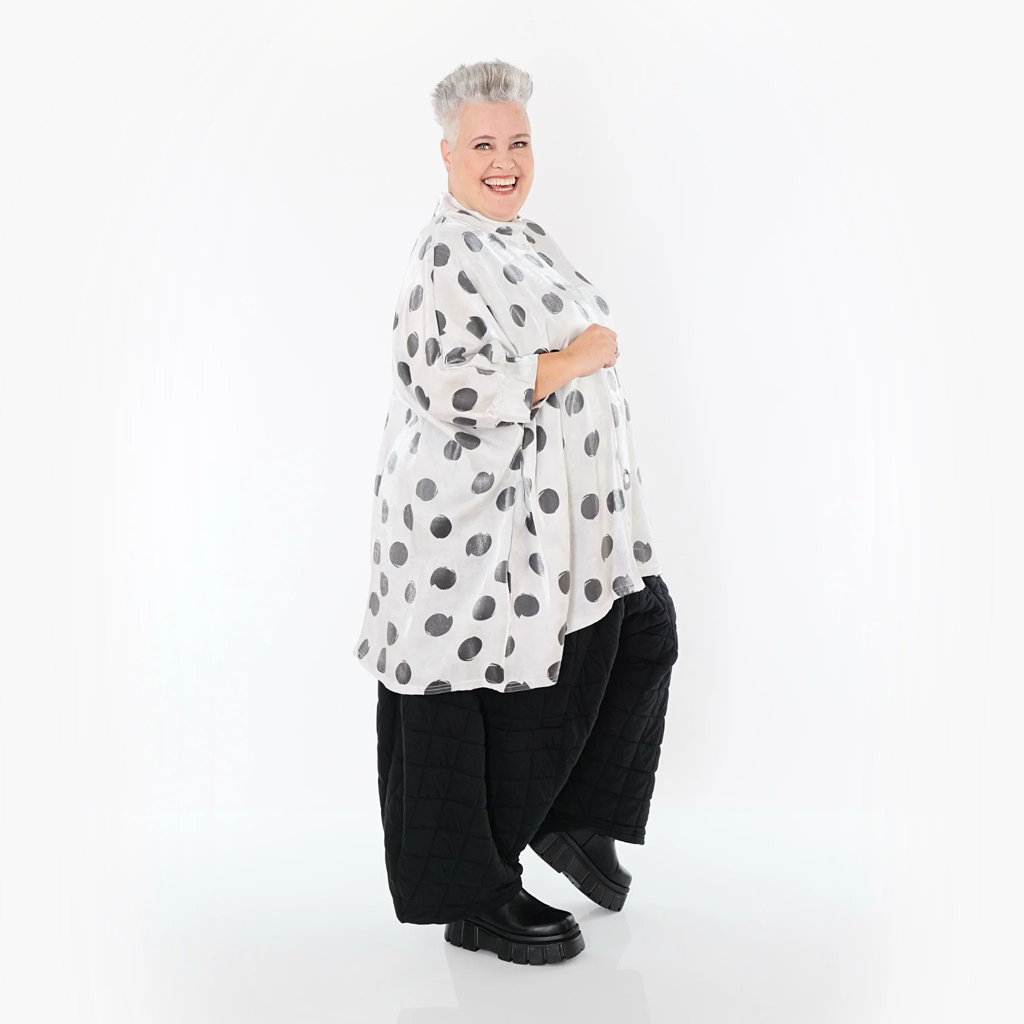  A-Form Bluse von AKH Premium aus Viskose, P1026.7116, Weiß/Grau, Punkte, Ausgefallen