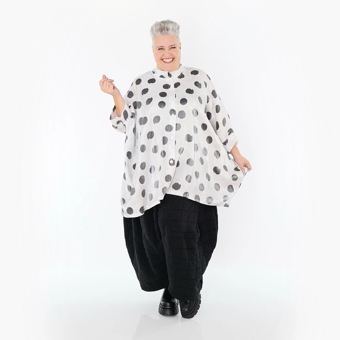  A-Form Bluse von AKH Premium aus Viskose, P1026.7116, Weiß/Grau, Punkte, Ausgefallen