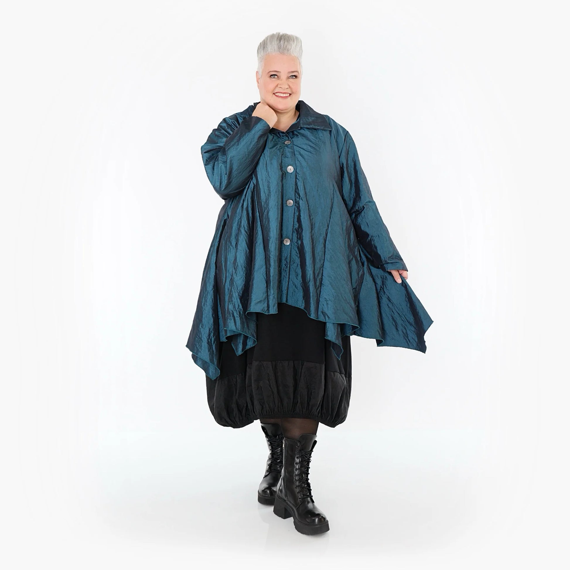  AKH Premium Jacke in Glocken-Form, aus Viskose, P107148, Petrol, Ausgefallen, Zeitlos