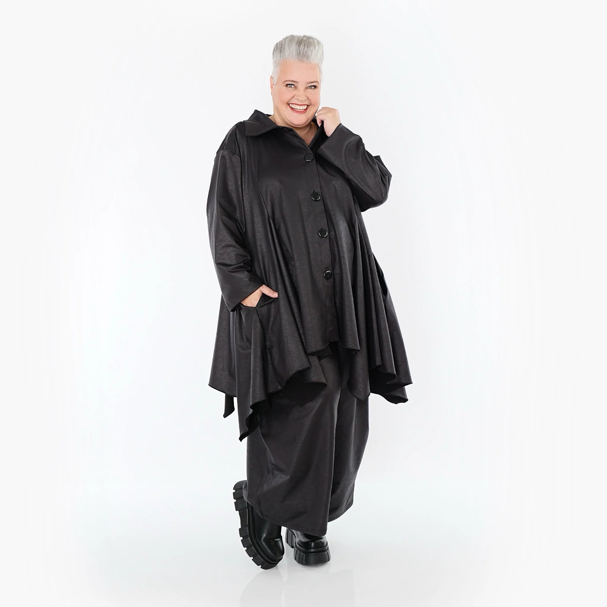  AKH Premium Jacke in Glocken-Form, aus Materialmix, P1027.7148, Schwarz, Ausgefallen