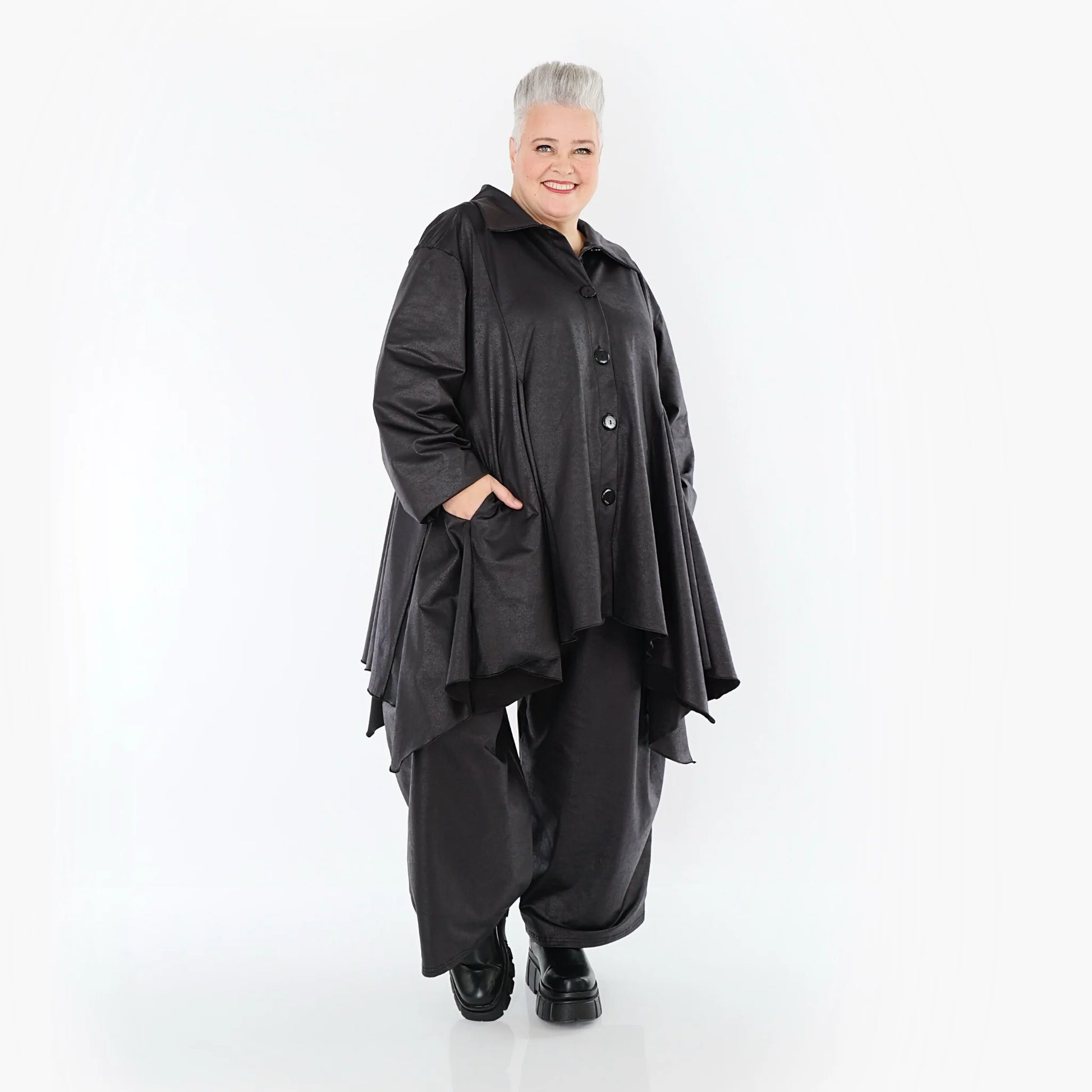  AKH Premium Jacke in Glocken-Form, aus Materialmix, P1027.7148, Schwarz, Ausgefallen