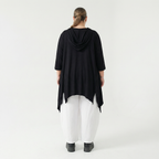 Schwarzes A-Form Kapuzenshirt Viskosejersey mit Dreiviertelarm Taschen Zipfelsaum weich