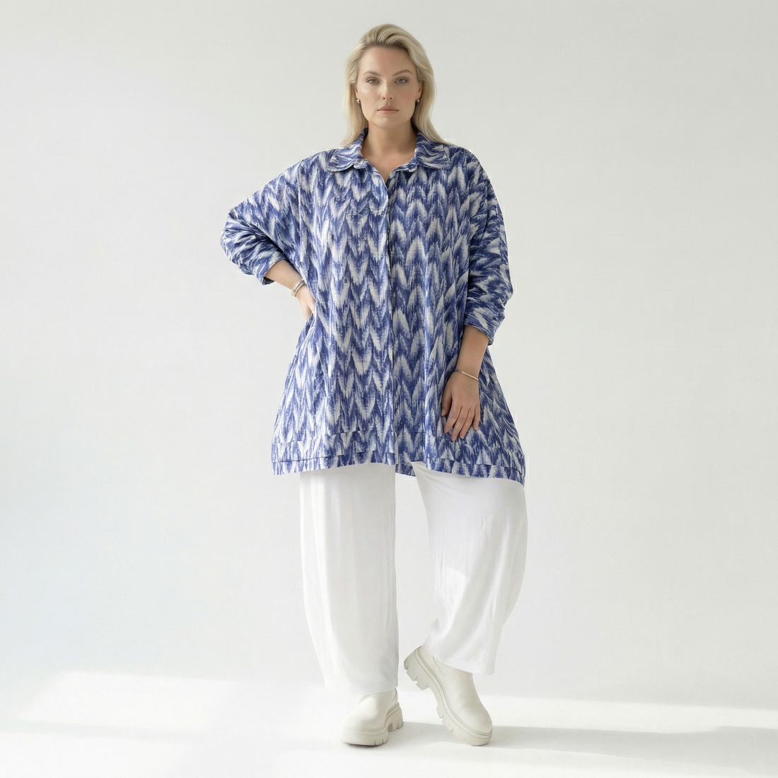  A-Form Bluse von AKH Fashion aus Baumwolle, 1504.07110, Blau/Weiß/Silber, ZickZack, Schick