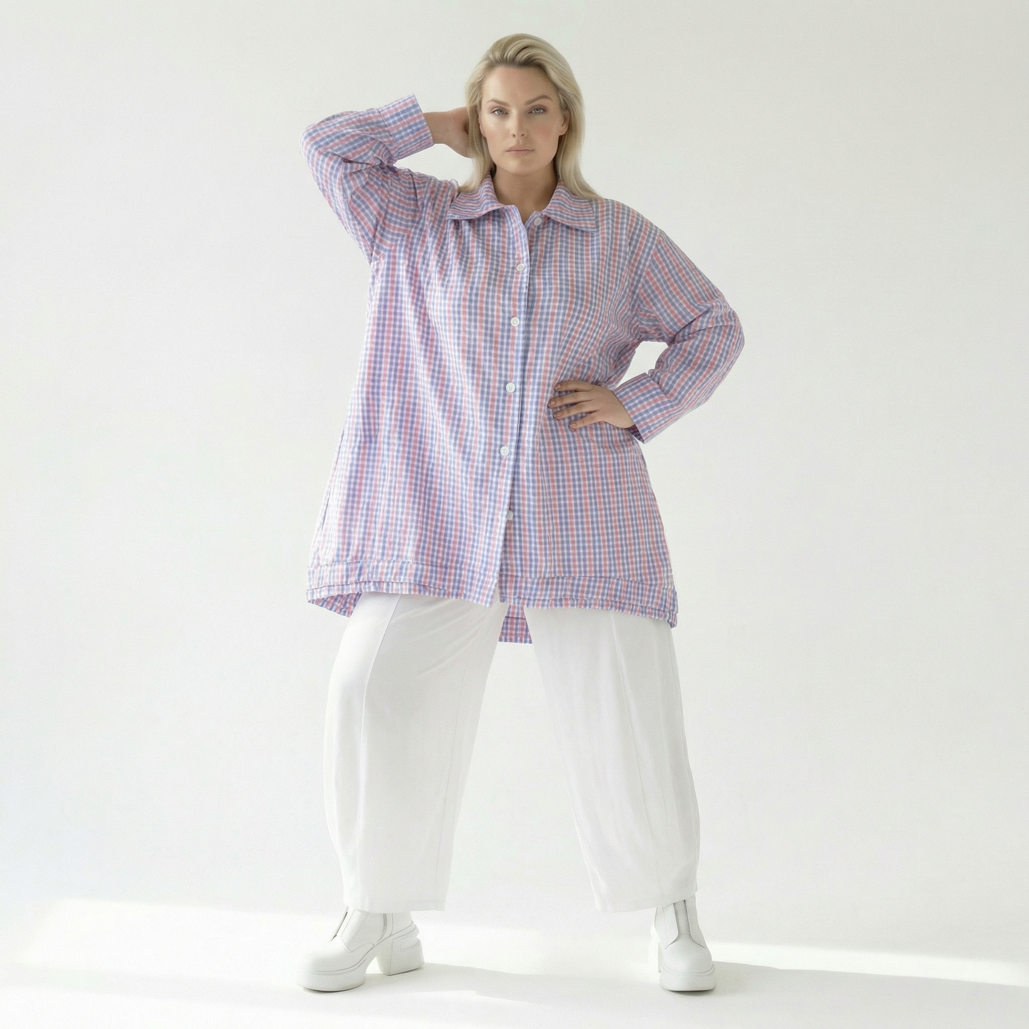  A-Form Bluse von AKH Fashion aus Baumwolle, 1505.07010, Blau/Weiß/Pink, Vichy-Karo, Schick