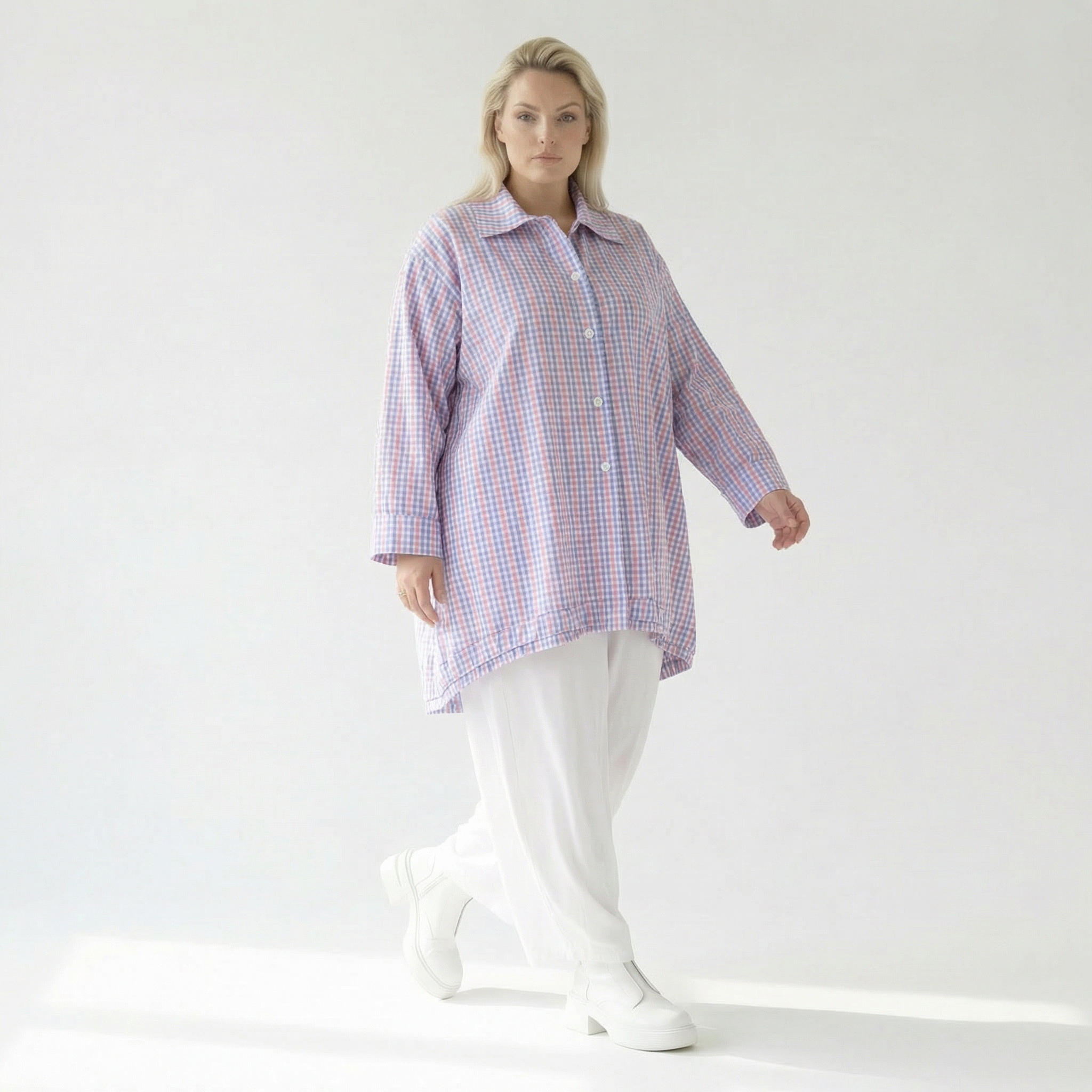 A-Form Bluse von AKH Fashion aus Baumwolle, 1505.07010, Blau/Weiß/Pink, Vichy-Karo, Schick