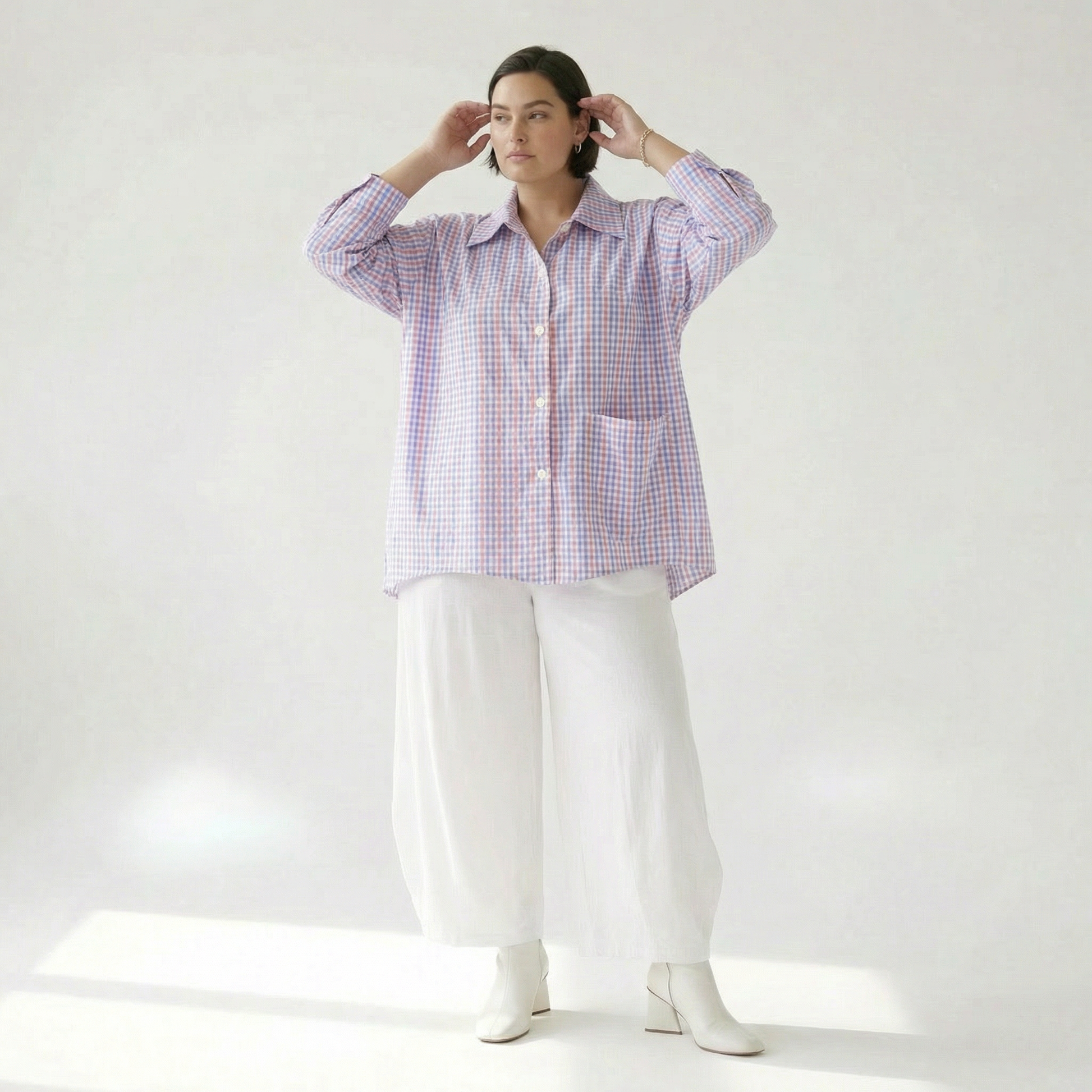  A-Form Bluse von AKH Fashion aus Baumwolle, 1505.07095, Blau/Weiß/Pink, Vichy-Karo, Schick