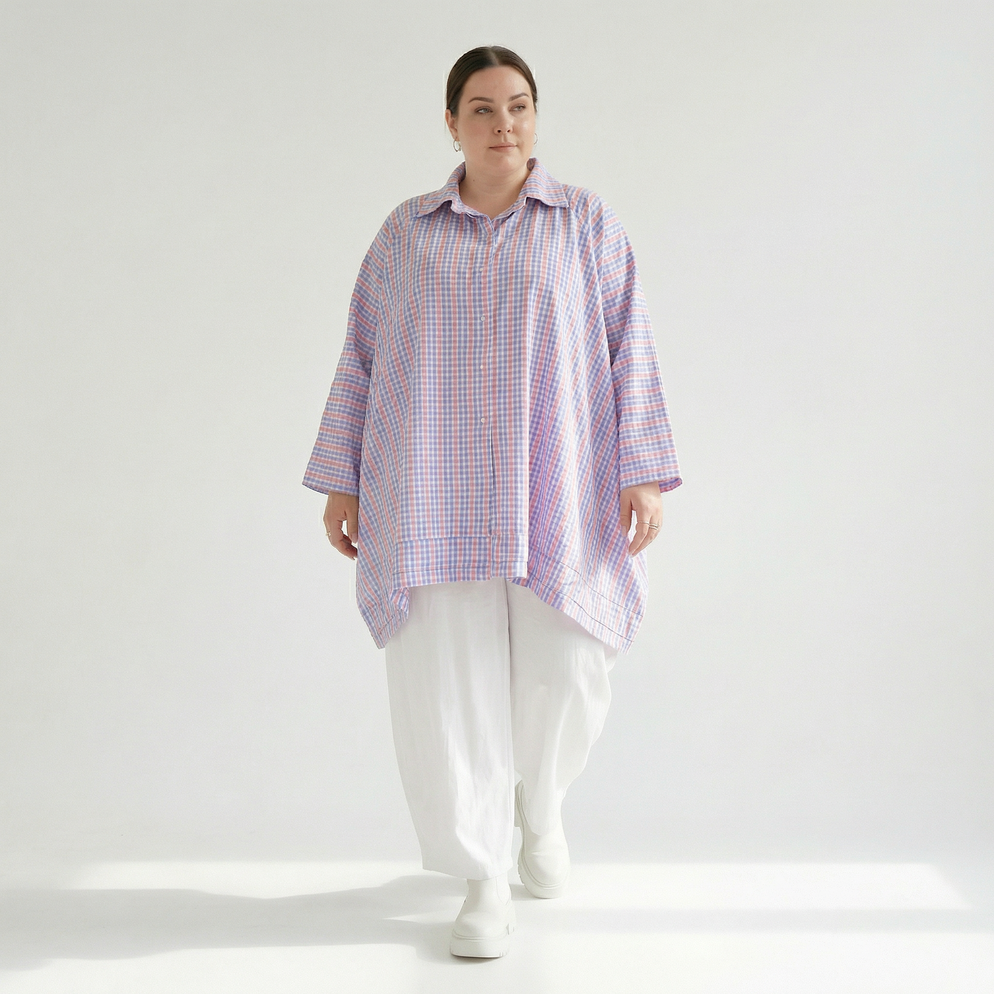  A-Form Bluse von AKH Fashion aus Baumwolle, 1505.07110, Blau/Weiß/Pink, Vichy-Karo, Schick