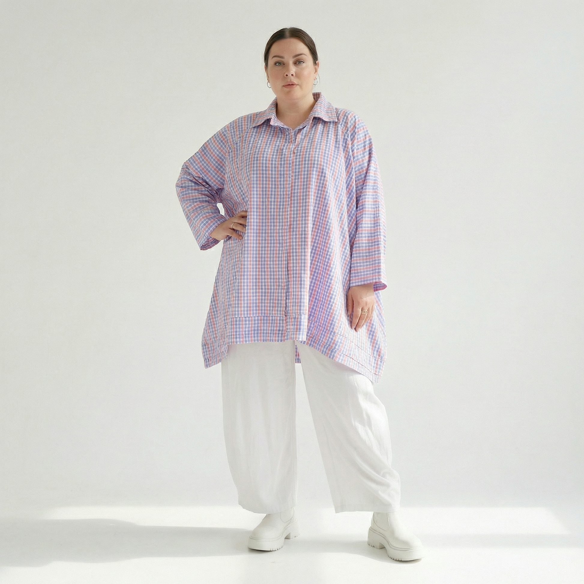  A-Form Bluse von AKH Fashion aus Baumwolle, 1505.07110, Blau/Weiß/Pink, Vichy-Karo, Schick