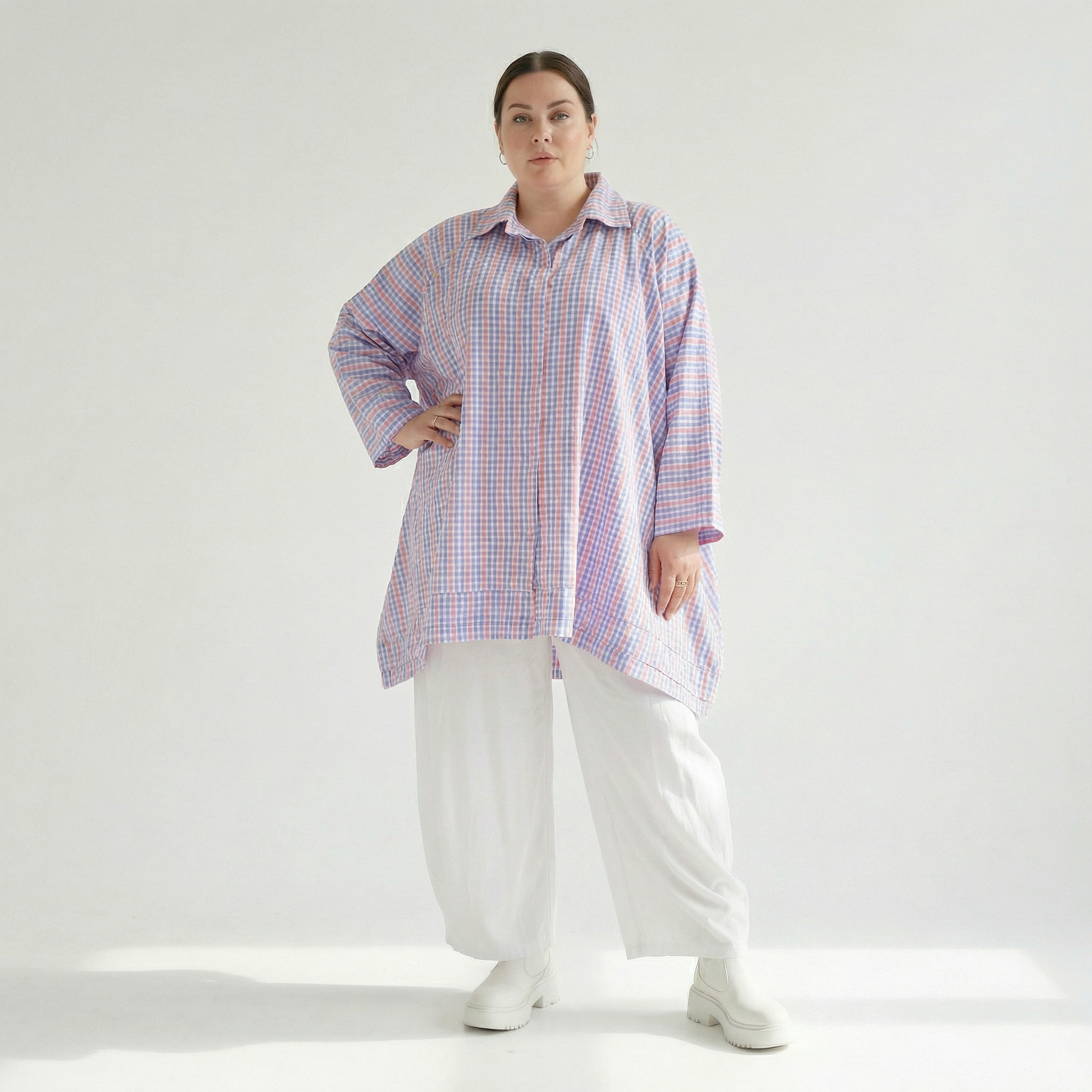  A-Form Bluse von AKH Fashion aus Baumwolle, 1505.07110, Blau/Weiß/Pink, Vichy-Karo, Schick