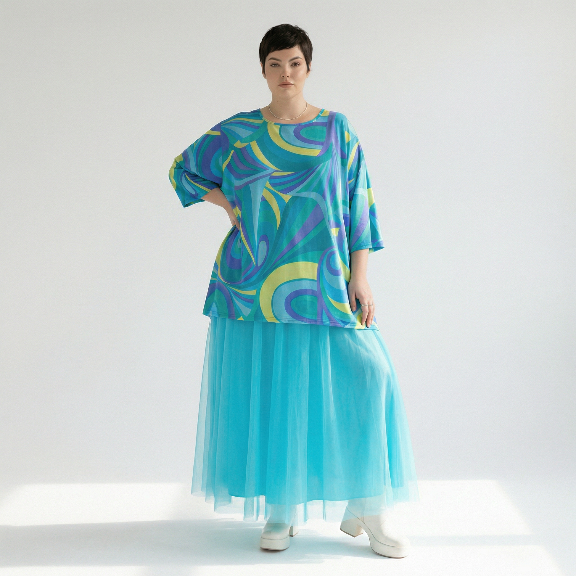  A-Form Bigshirt von AKH Fashion aus Baumwolle, 1508.00593, Grün/Multi, Abstrakt, Ausgefallen