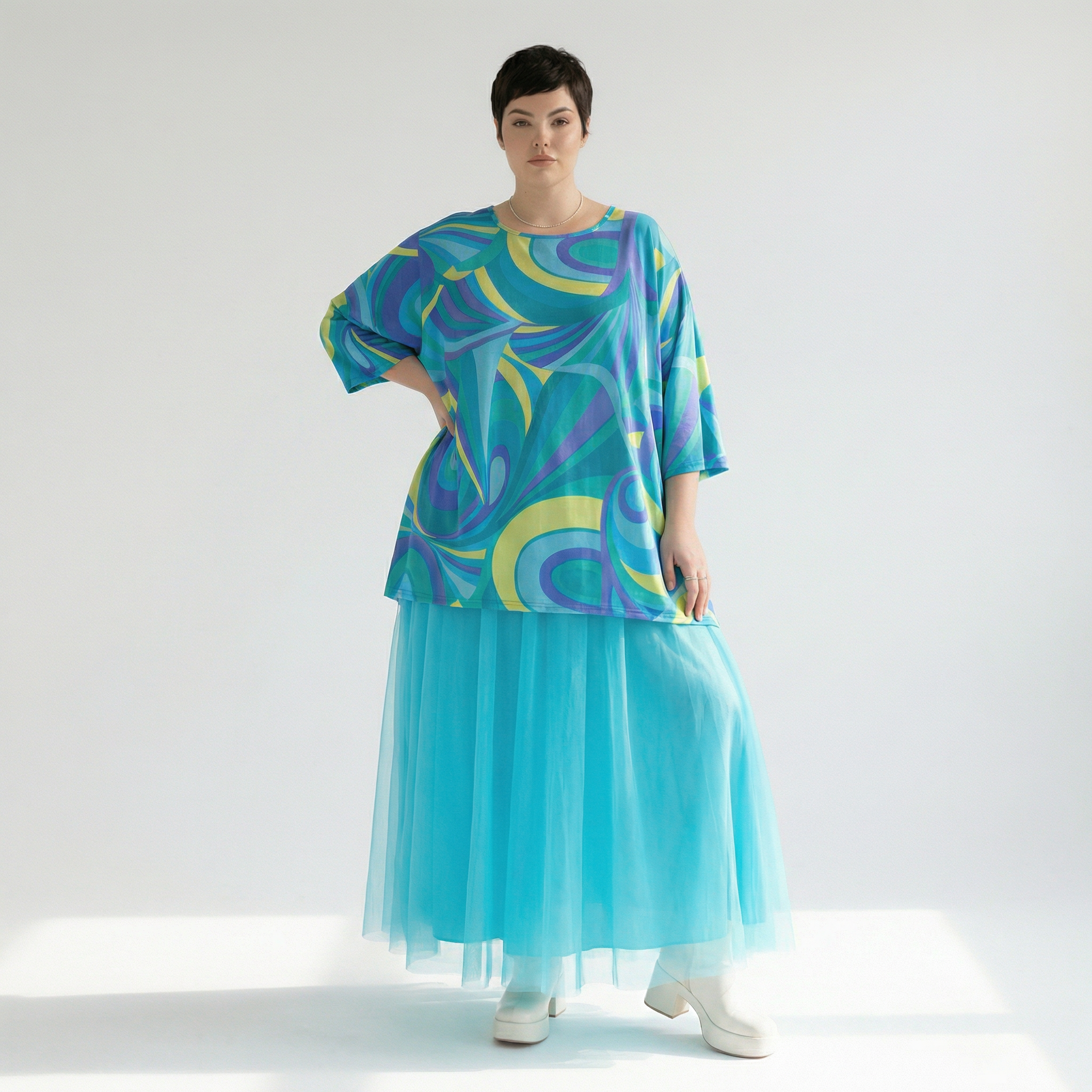  A-Form Bigshirt von AKH Fashion aus Baumwolle, 1508.00593, Grün/Multi, Abstrakt, Ausgefallen