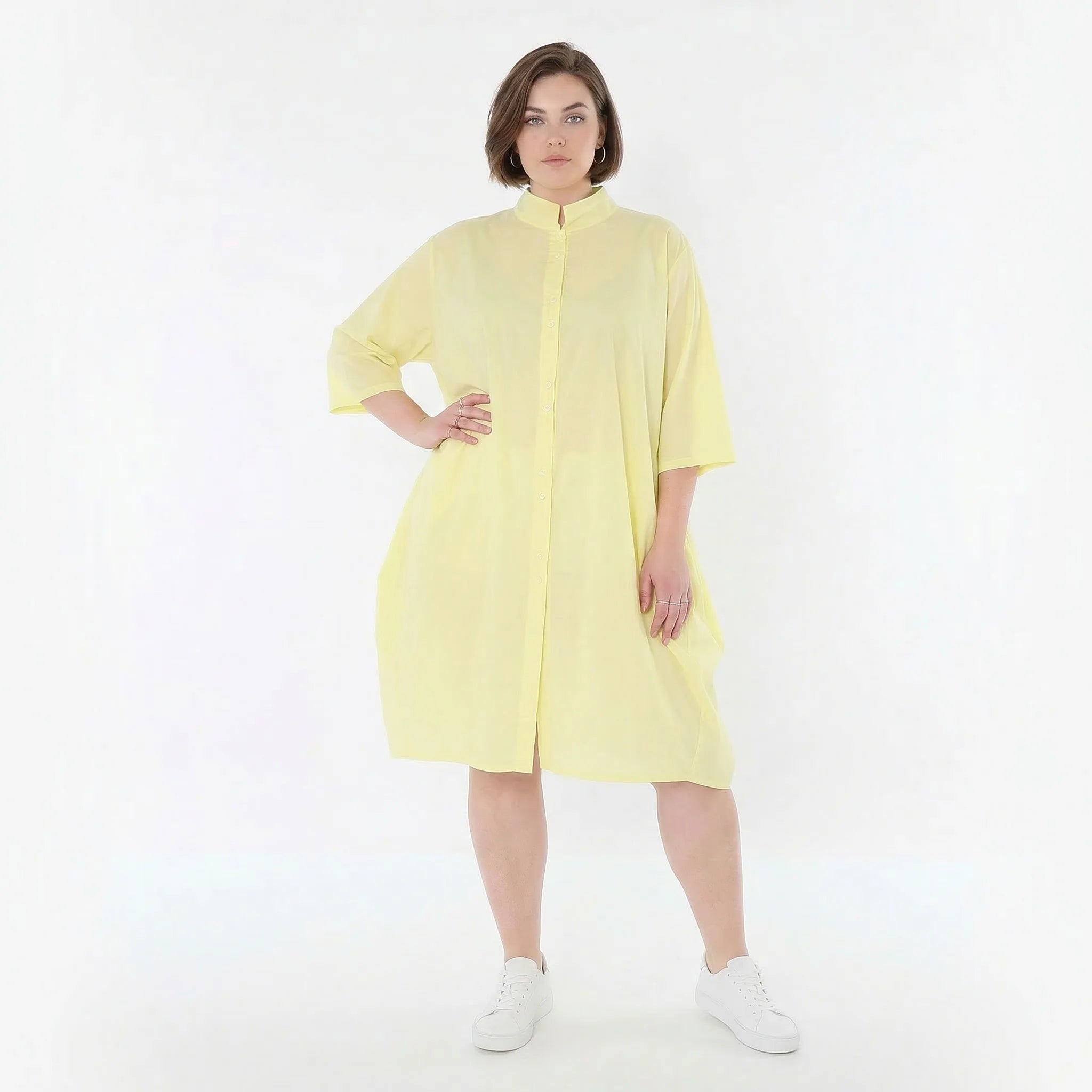 Luftige Oversize Bluse im ausgefallenen Ballon Lagenlook aus feiner Popeline mit Stehkragen, Gelb