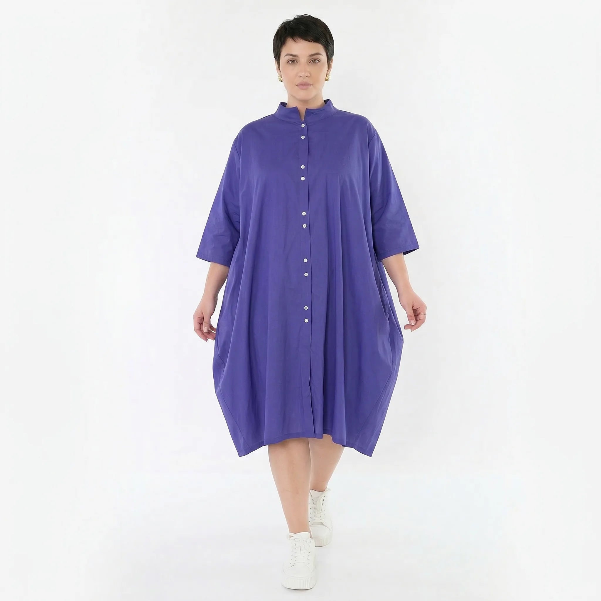 Fließend leichte Ballon Bluse im Lagenlook aus feiner Baumwollmischung mit Stehkragen, Lila