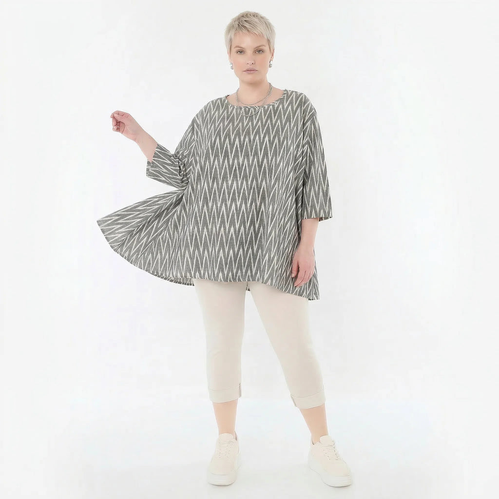 Luftiges A-Form Shirt aus Leinen und Baumwolle im legeren Lagenlook mit ZickZack Muster, Grau/Ecru