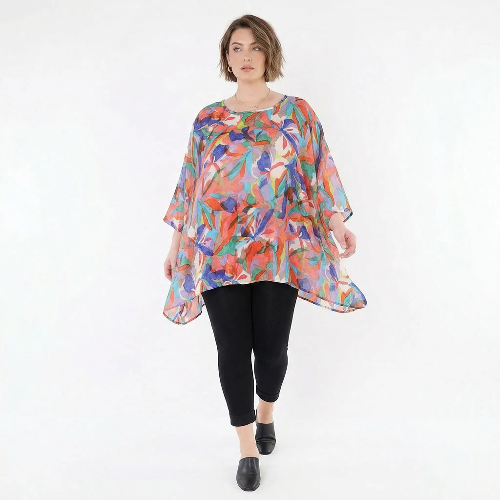 Ausgefallenes Oversize Lagenlook Big Shirt in A-Form mit glattem, weich fließendem Stoff, Mehrfarbig