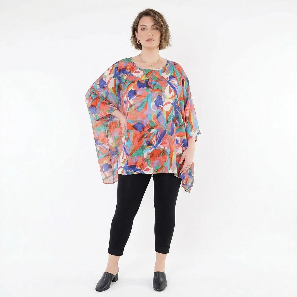 Ausgefallenes Oversize Lagenlook Big Shirt in A-Form mit glattem, weich fließendem Stoff, Mehrfarbig