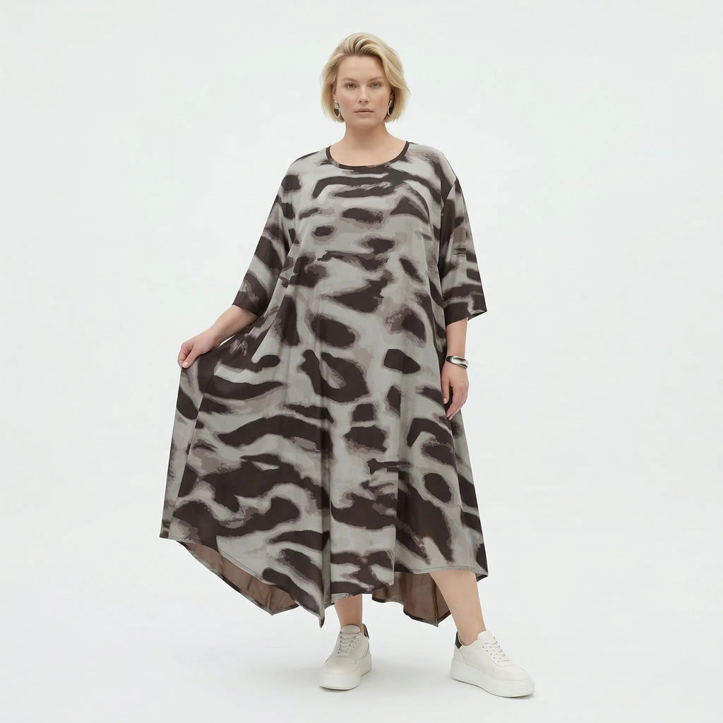 Ausgefallenes Ballon Kleid im modernen Lagenlook mit leicht fließender Silhouette, 3/4 Arm, Grau/Braun