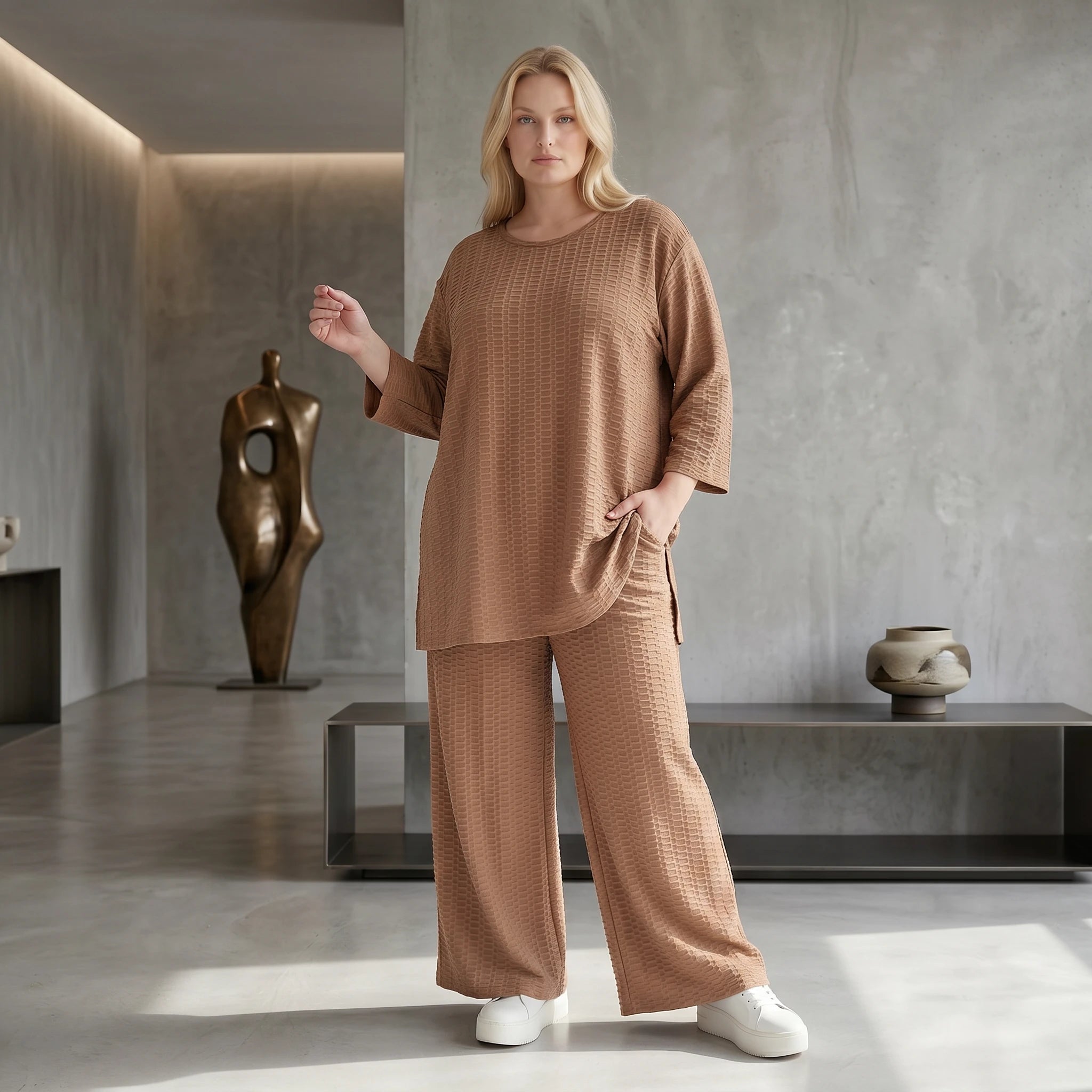 Palazzo Hose mit weitem Bein und ausgefallenem Jacquard Waffelmuster für lässigen Lagenlook, Cognac