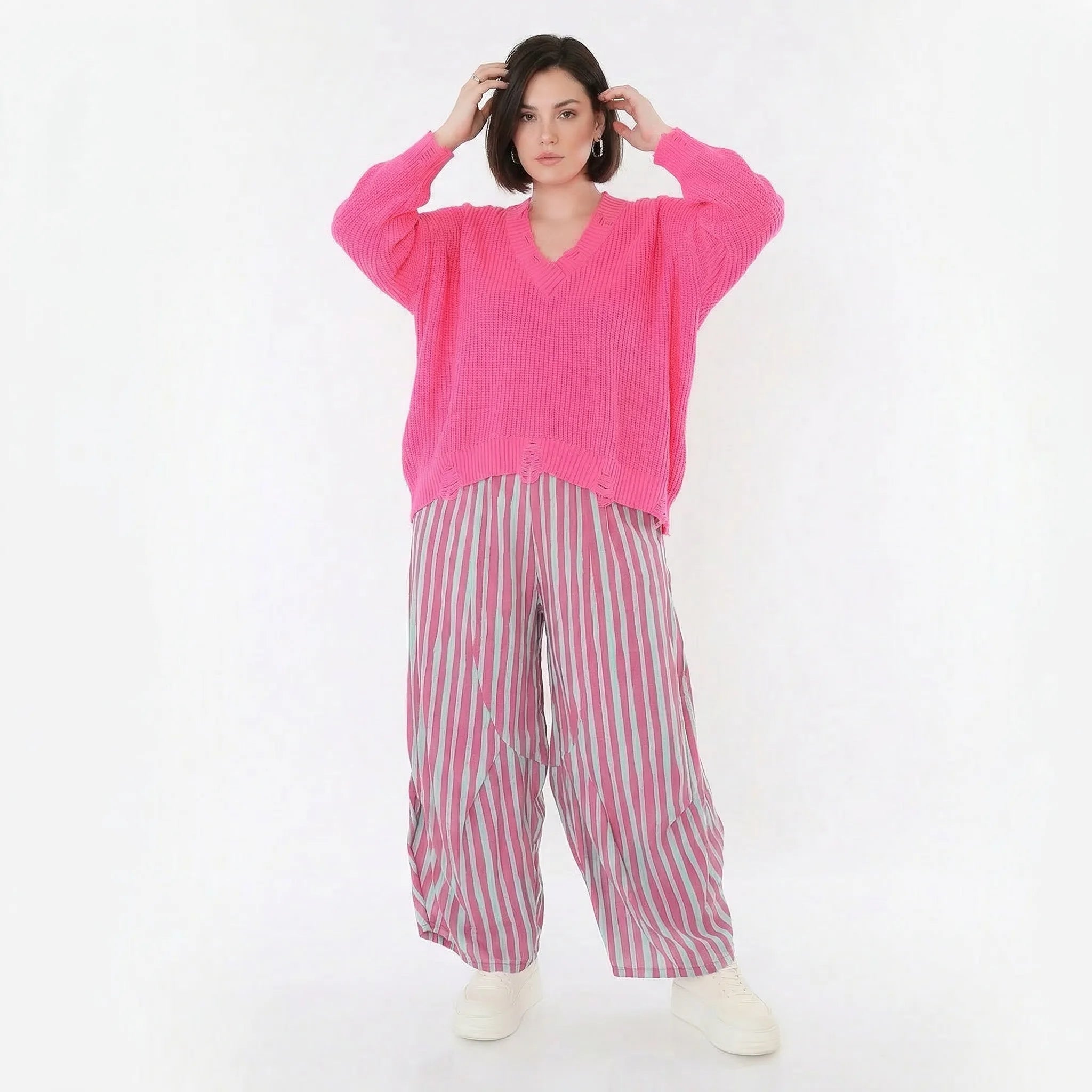 Ballon Hose im lässig zeitlosen Lagenlook mit weitem Bein und luftiger Leinen-Optik, Fuchsia/Mint