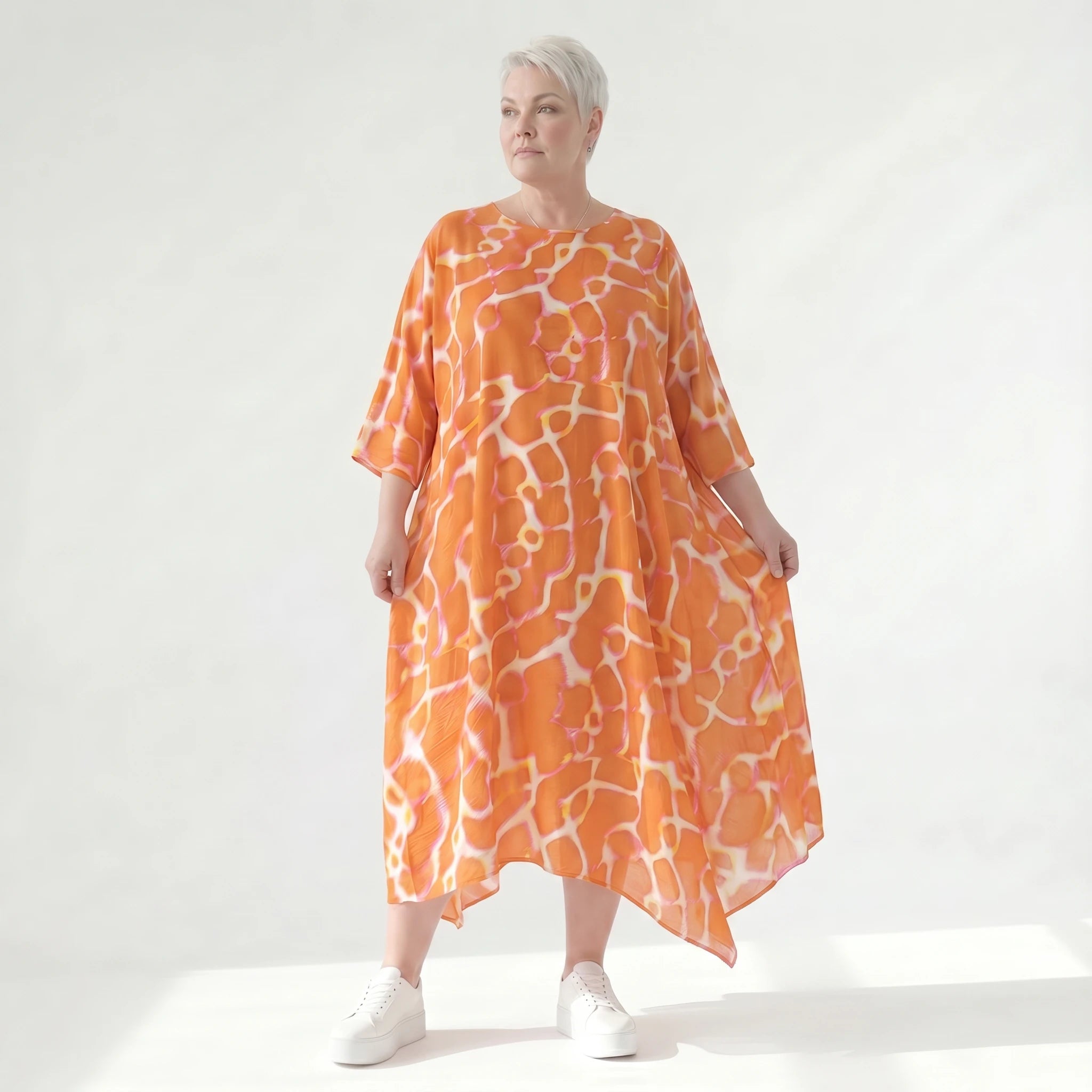 Ausgefallenes Ballonkleid im zeitlosen Lagenlook aus leichter Popeline mit schimmerndem Finish, Orange/Weiß