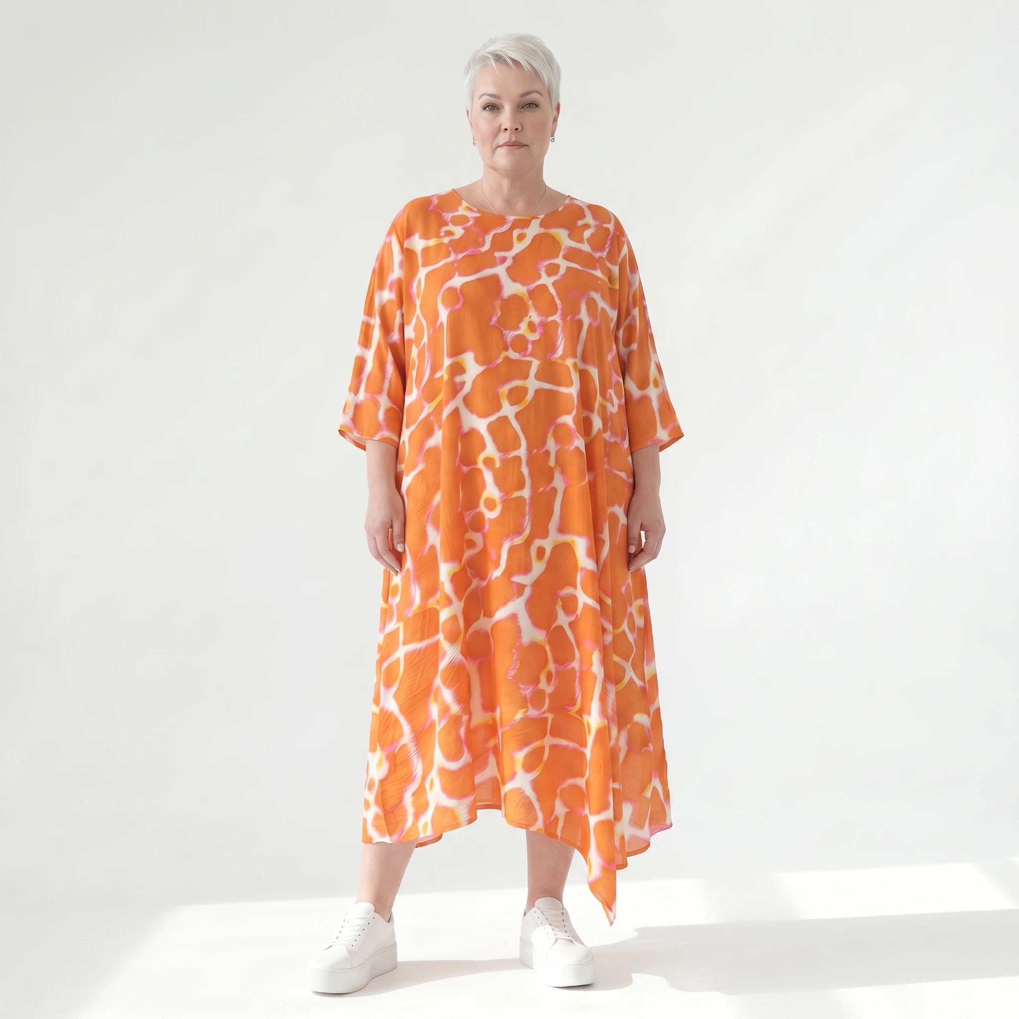 Ausgefallenes Ballonkleid im zeitlosen Lagenlook aus leichter Popeline mit schimmerndem Finish, Orange/Weiß