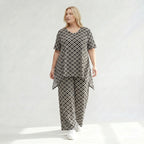 Damen Hose Lagenlook Polyester Schwarz/Weiß, gerader Schnitt, Rauten, Elastikbund, Oversize große Größen – AKH Fashion