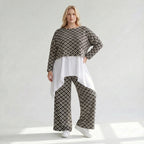 Damen Überwurf Lagenlook Polyester Schwarz/Weiß, Rauten, Langarm, Oversize große Größen – AKH Fashion