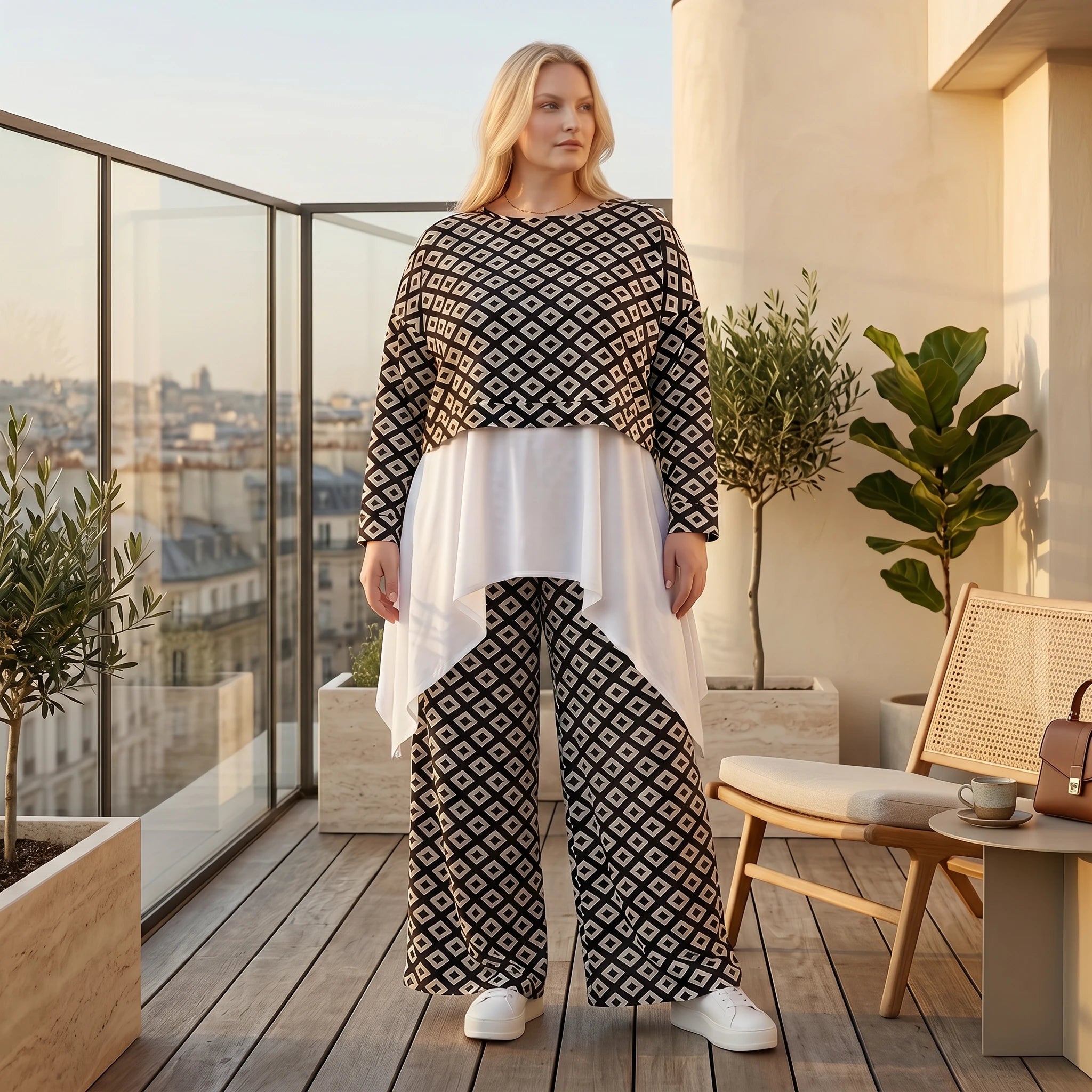 Modernes Lagenlook Highlight aus stretchigem, fließendem Material mit Rautenprint, Schwarz/Weiß