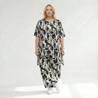 Zeitlose Palazzo Hose im ausgefallenen Lagenlook mit weich fließendem Stretch und abstraktem Muster, Schwarz/Weiß