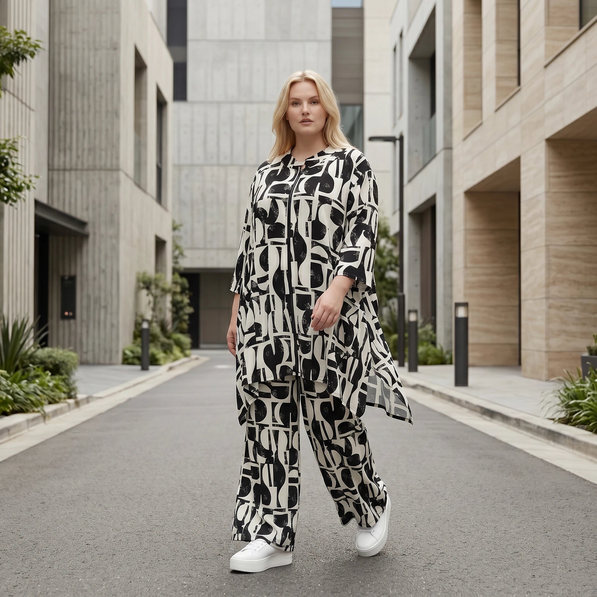 Zeitlos ausgefallene A-Form Jacke im abstrakten Lagenlook aus fließendem stretchigem Slinky, Schwarz/Weiß