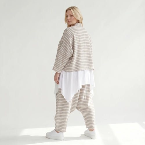 Stilvolle Oversize Jacke in lässigem Lagenlook mit leichter Leinen Optik und Streifen, Sand/Weiß