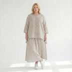 Luftiges Oversize Lagenlook Shirt in A-Form mit Streifen und Biesen, leicht und leger, Sand/Weiß